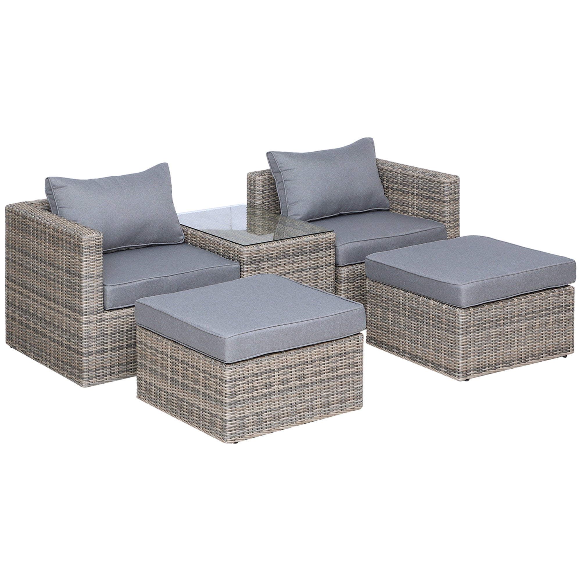 5 Piece Rattan Garden Furniture Set with Cushions, Aluminium Frame Glass Top Table, Mixed Brown