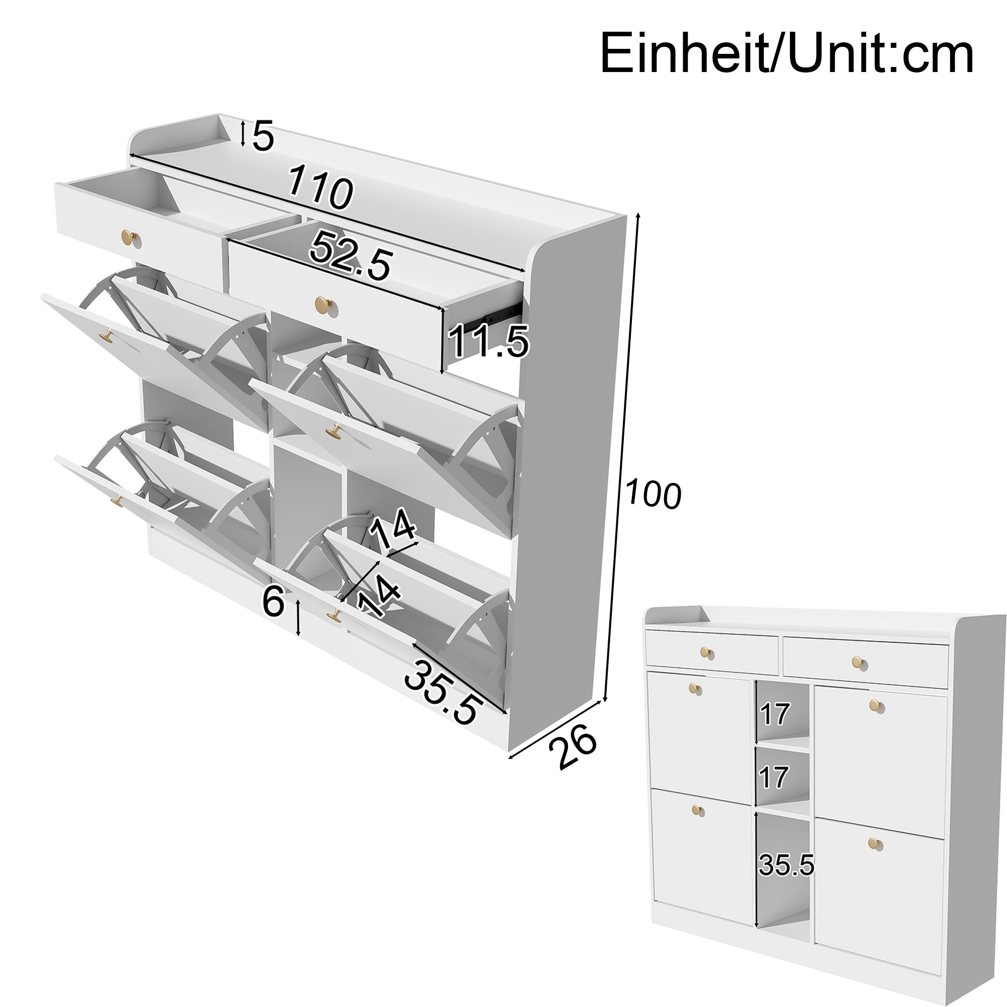 Shoe Cabinet with 4 Hinged Doors, 2 Drawers, 3 Open Compartments, White
