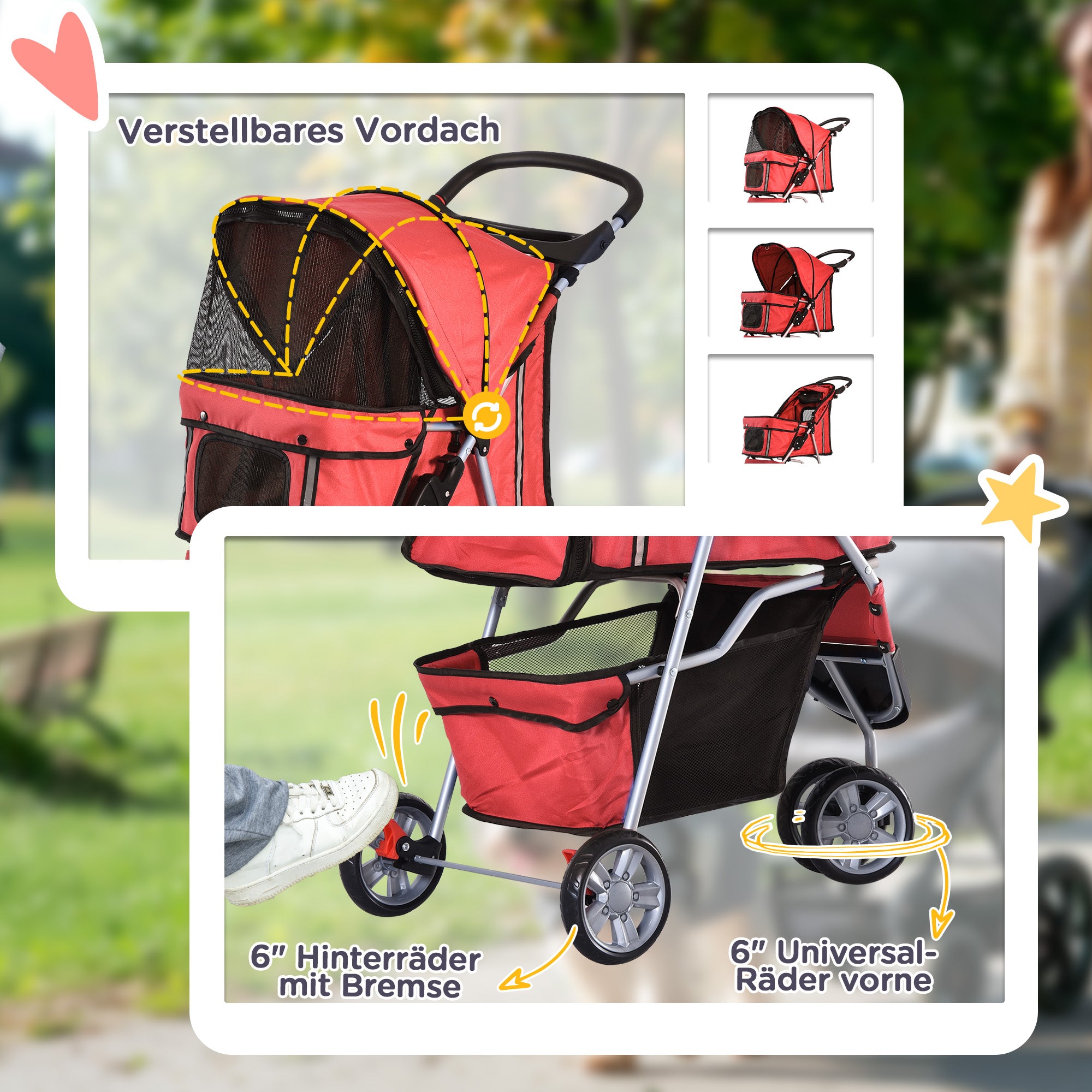 Dog Stroller, Lightweight & Foldable, Red