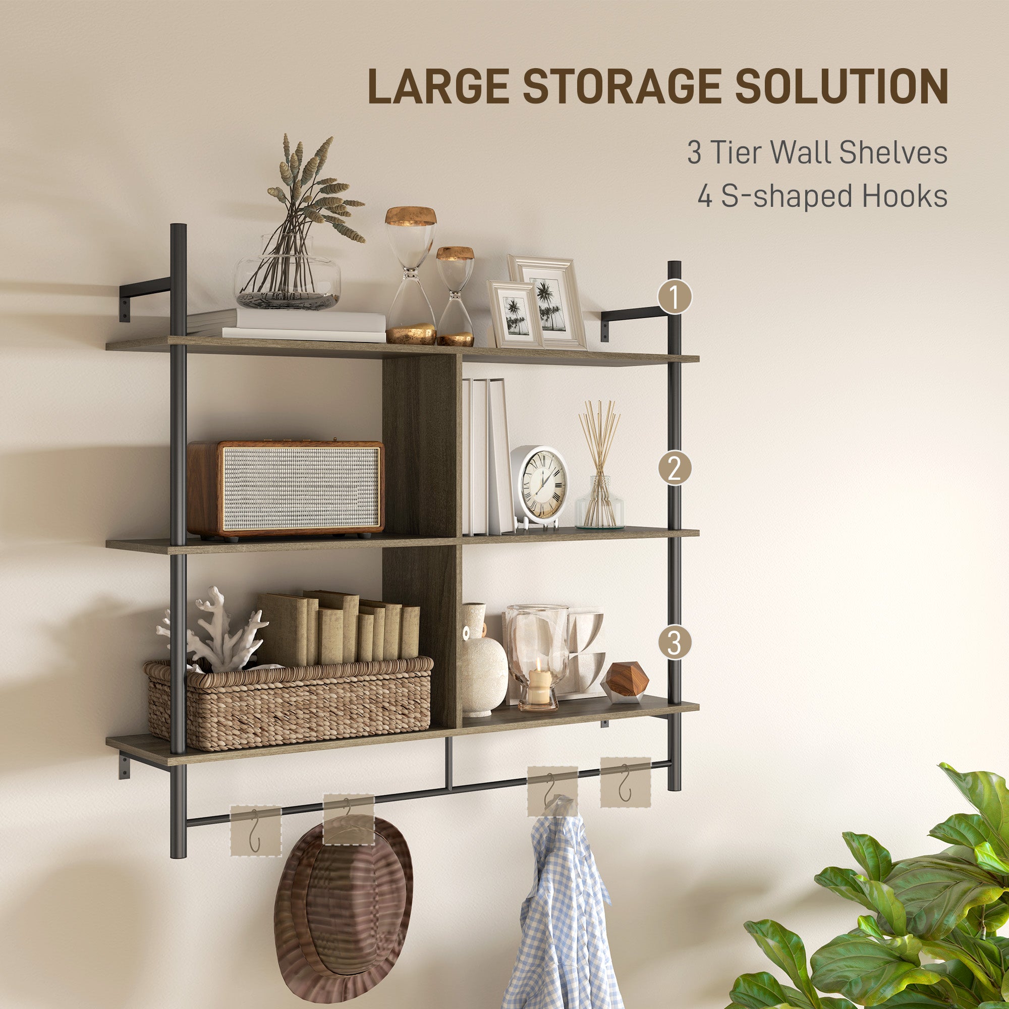 Three-Tier Floating Shelf Wall Display Storage Unit Grey Wood Effect