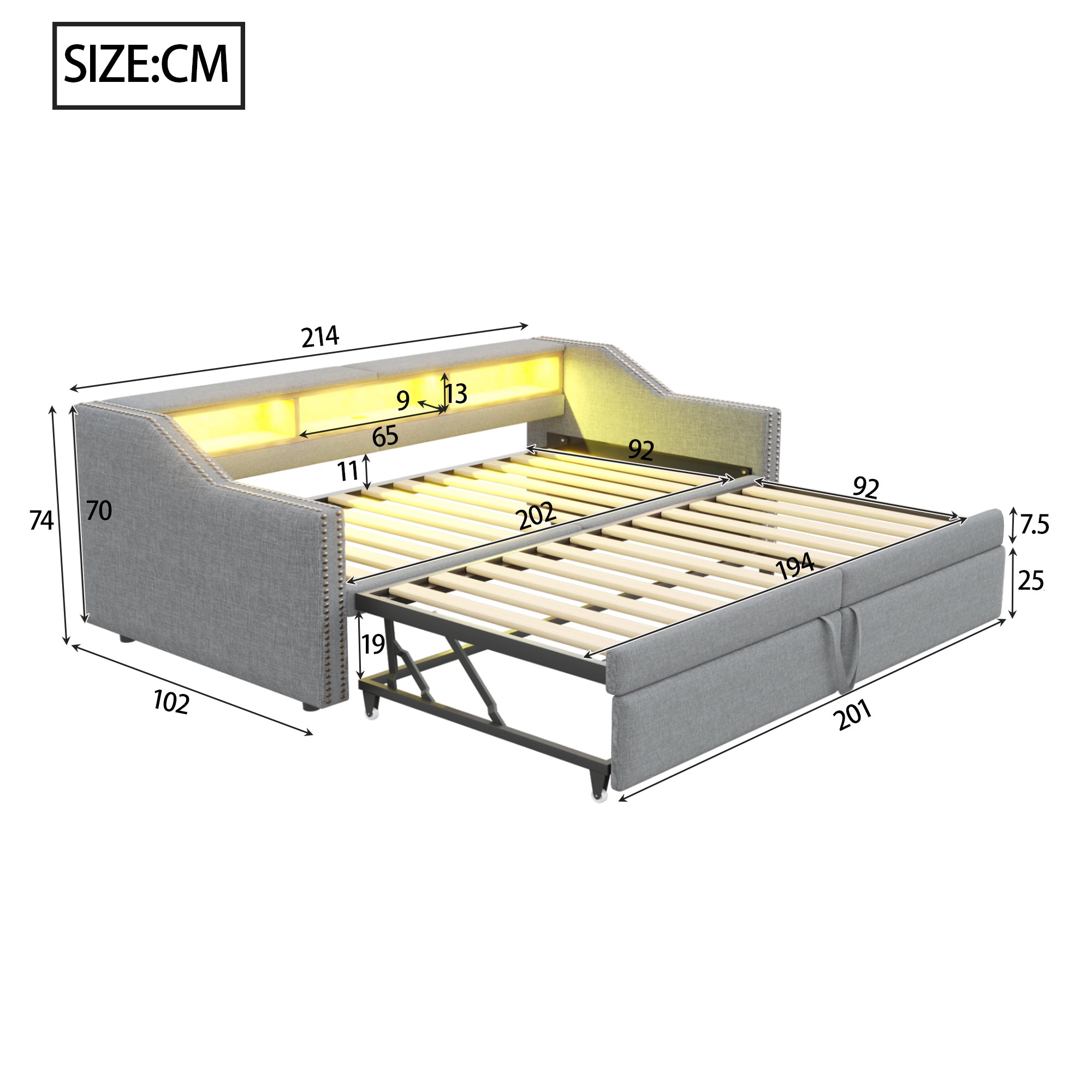 Upholstered Sofa Bed, Pull-Out with Storage, LED & USB, Light Grey