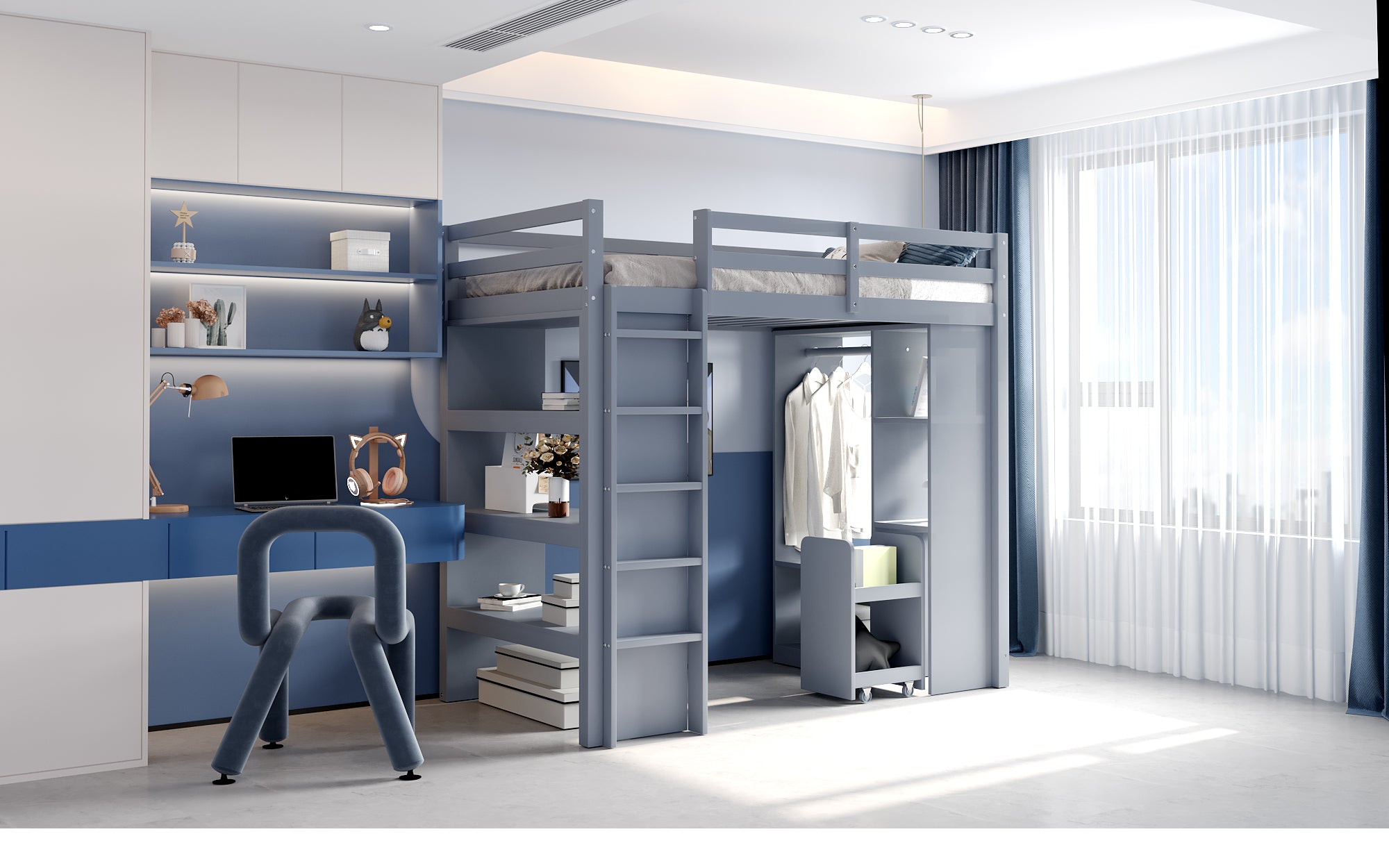 Children's Loft Bed with Shelves, Organizer, Storage, Grey