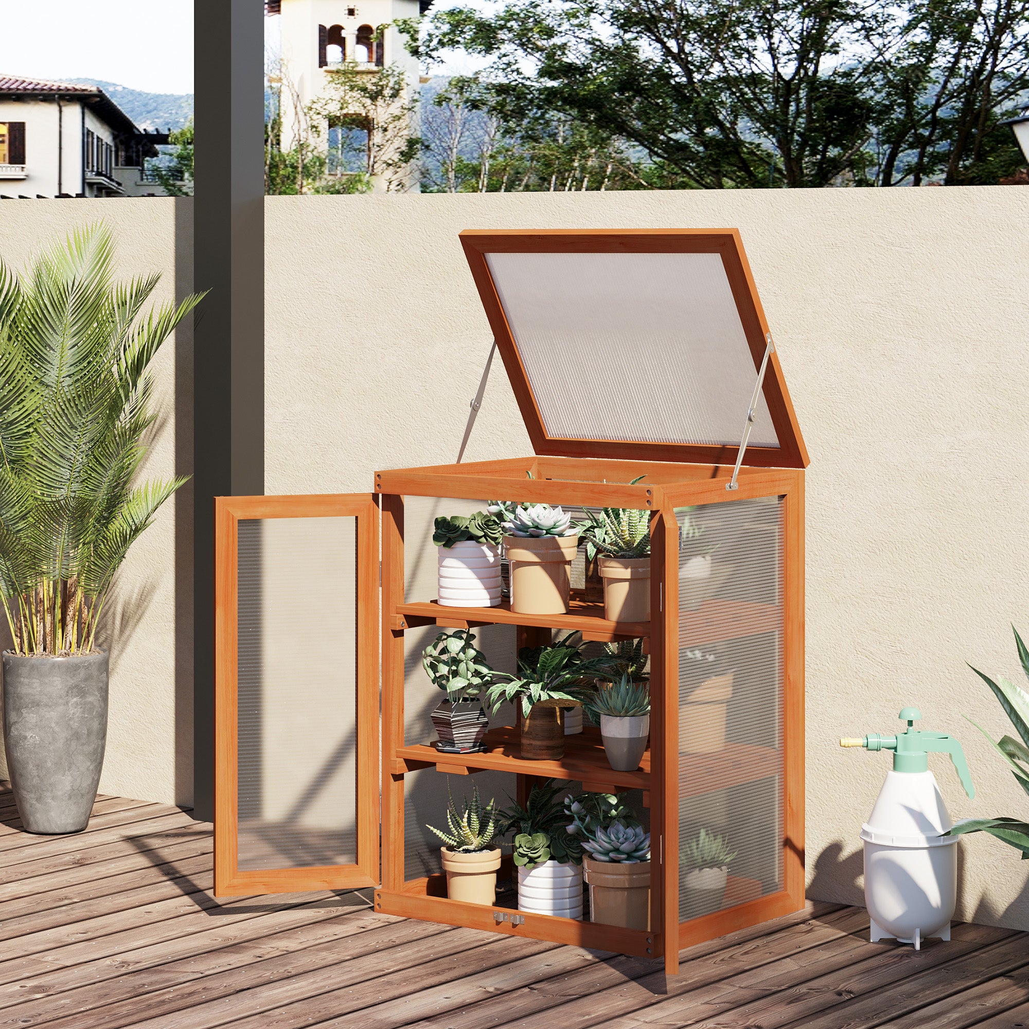 3-Tier Greenhouse Cold Frame with Storage Shelf, Wood Orange