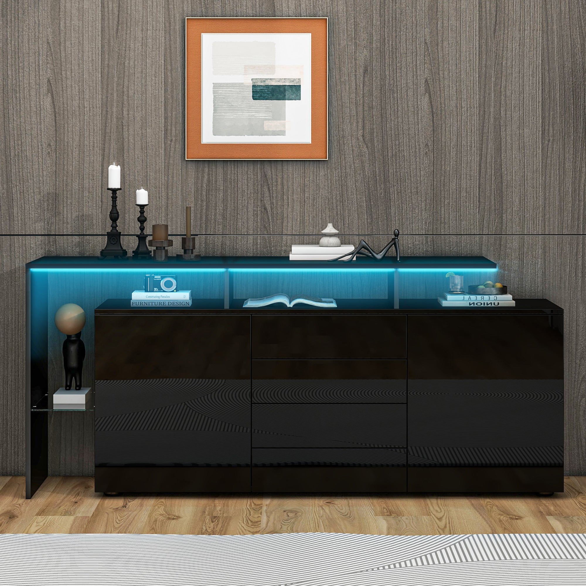 Highboard Sideboard with LED Lighting High-Gloss - Black