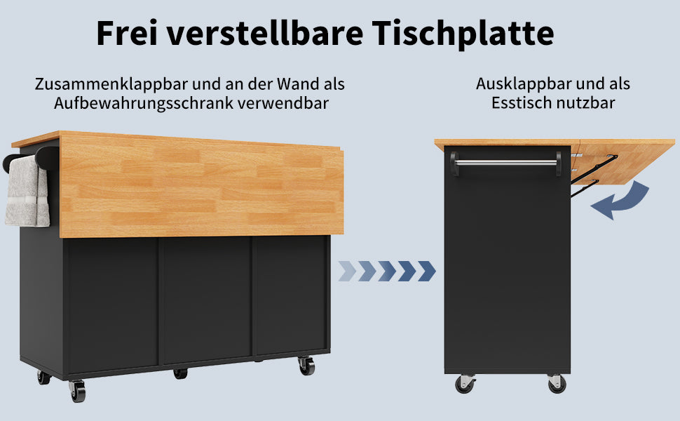 Kitchen Island Extendable Mobile Worktop 8 Drawers Spice Rack - Black