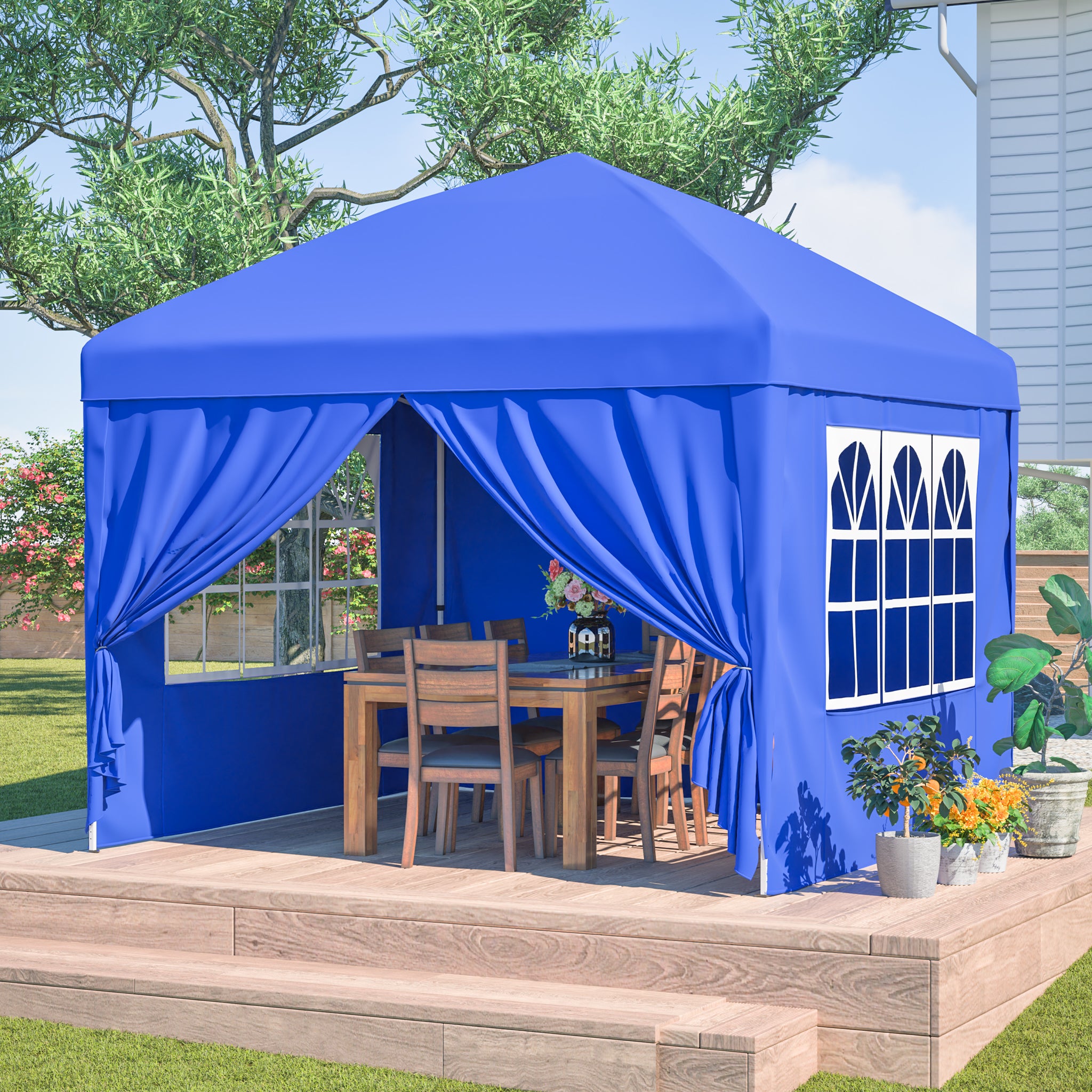 Gazebo 3x3m, 4 Side Walls, 3-Way Height Adjustable, Folding, Blue