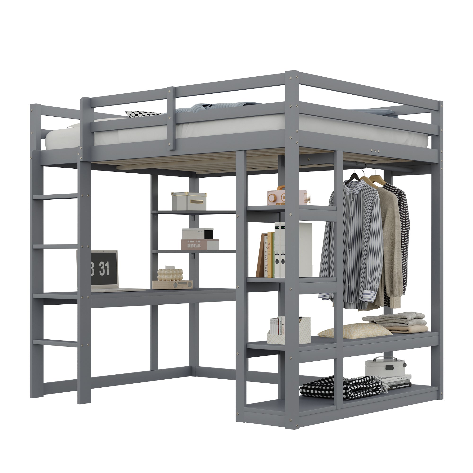 Loft Bed with Ladder, Table & Shelves, 140x200 cm, Solid Wood Grey