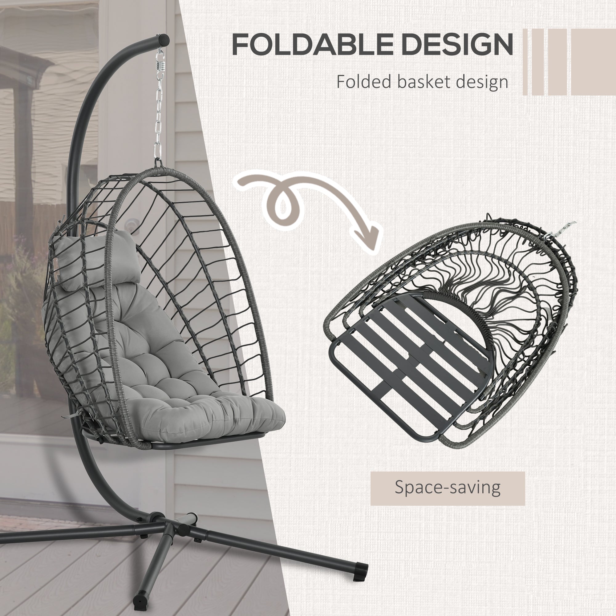 Outdoor PE Rattan Swing Chair Foldable Hanging Egg Chair with Metal Stand and Cushion, Light Grey