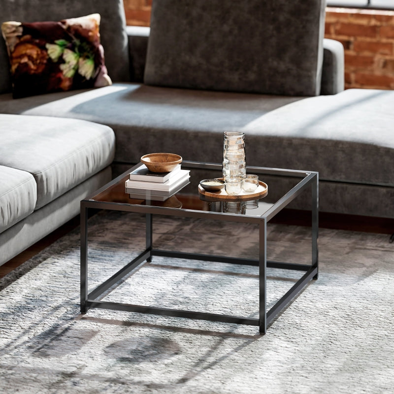 Square Side Table/Nightstand, Tempered Glass Top, Steel Legs, Black