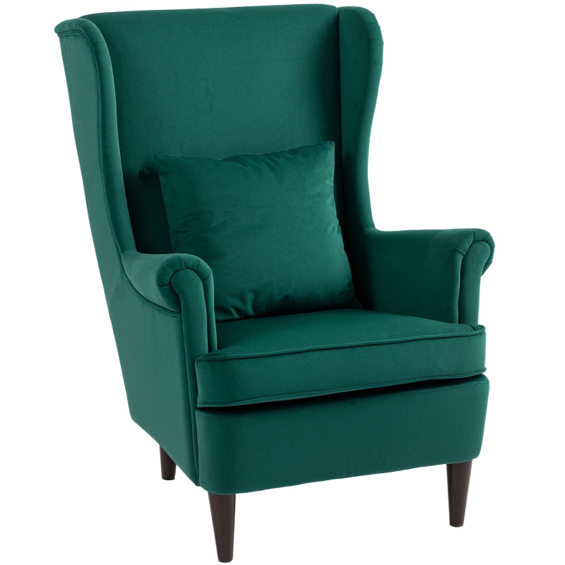 Modern Accent Chair, High Back Wingback Armchair with Pillow, Dark Green Velvet-Feel Fabric