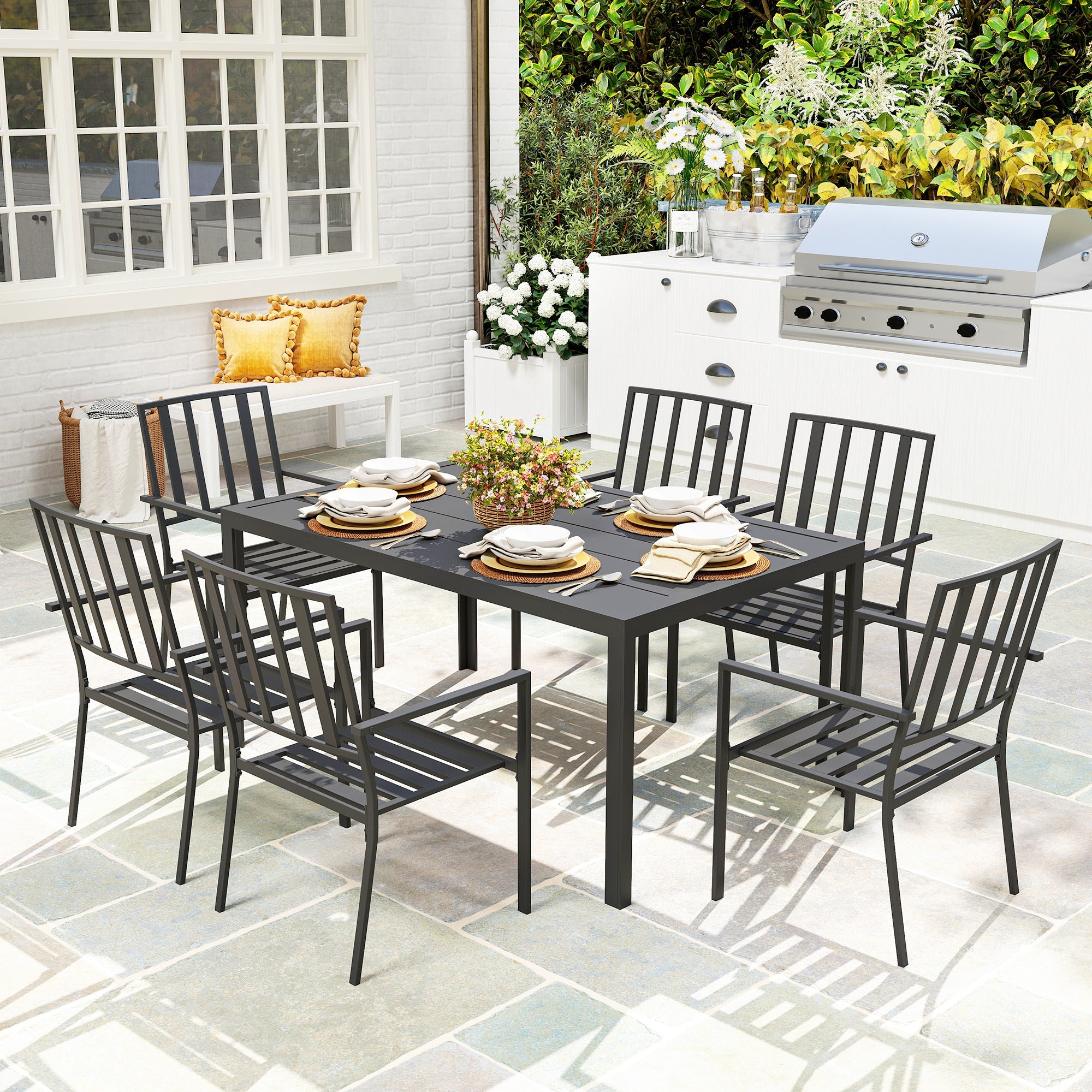 Seven-Piece Garden Dining Set with Parasol Hole - Minimal Metal, Black