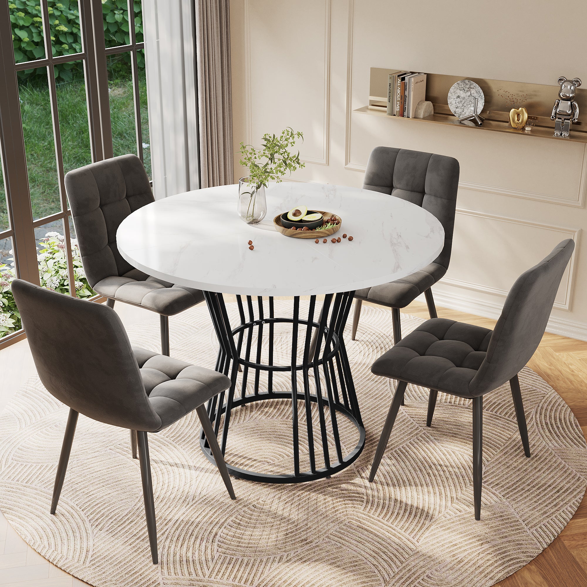 Dining Table Set, 5-Piece Round 100cm, White MDF & Dark Grey Velvet