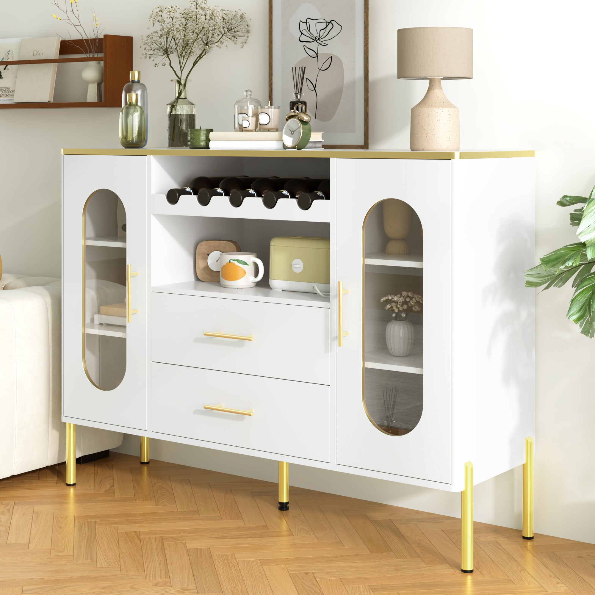 Sideboard, Glass Fronts & Wine Rack, White