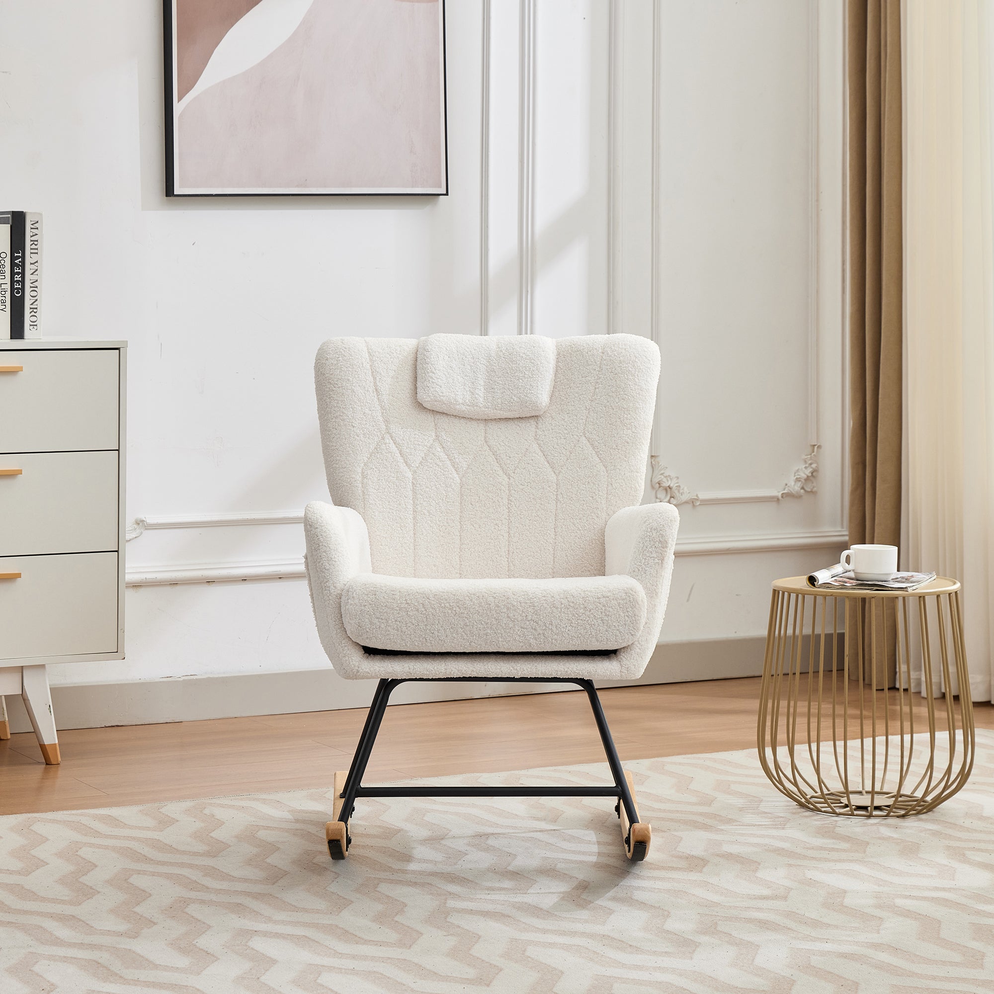 Ergonomic Rocking Chair with Footstool, High Backrest, 30-degree Rock, White Rubberwood