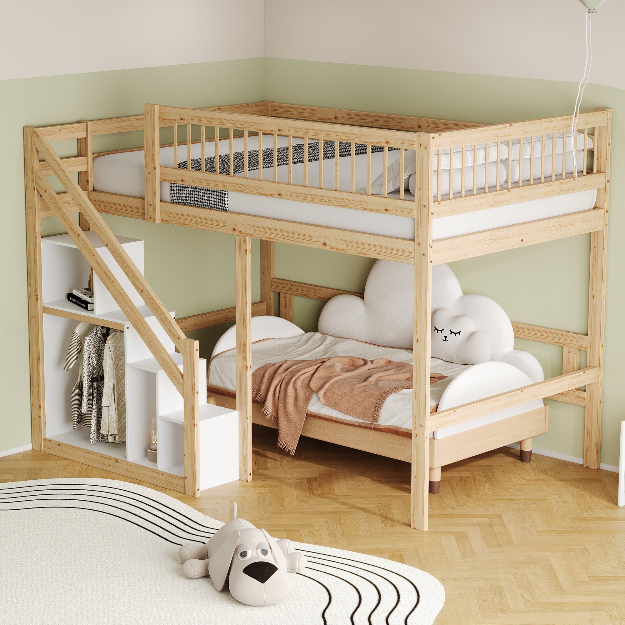 Solid wood bed 140*200, stairs with storage, high railing, wood colour