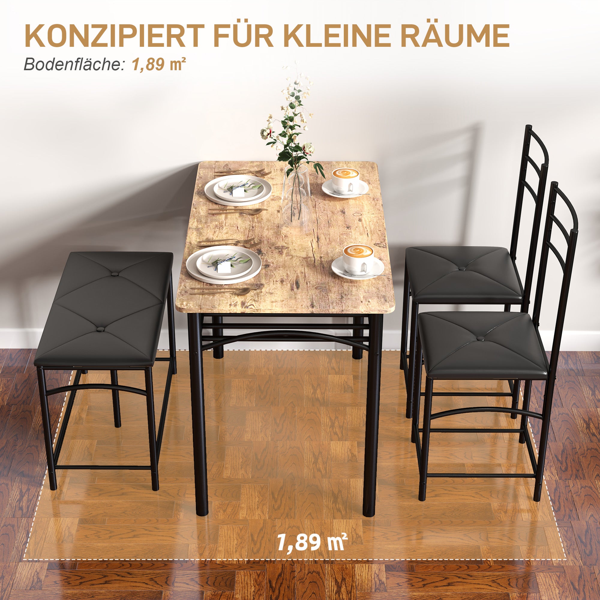 Dining Set 4-Piece Space-Saving Table 2 Chairs Bench, Brown