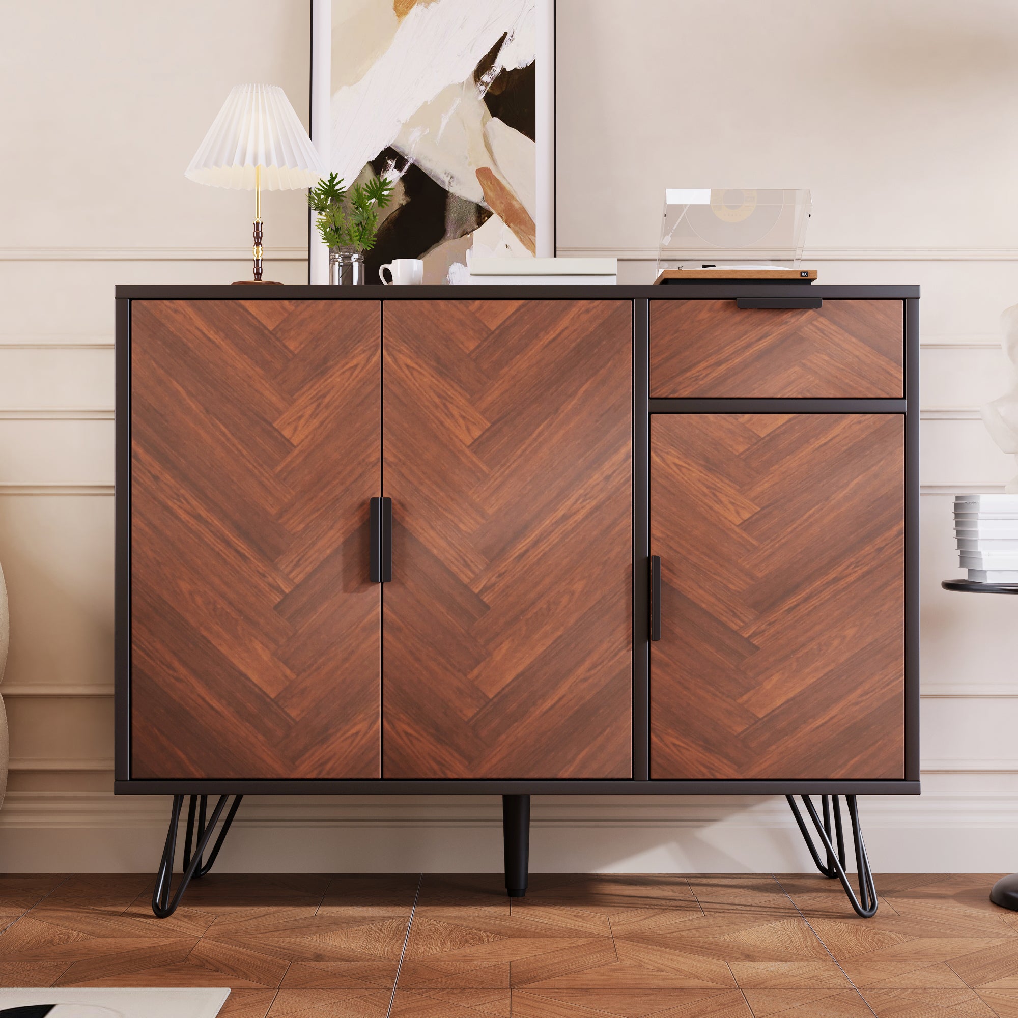 Storage Cabinet, Modern Sideboard with Drawer & Adjustable Shelves, Black & Wood Look