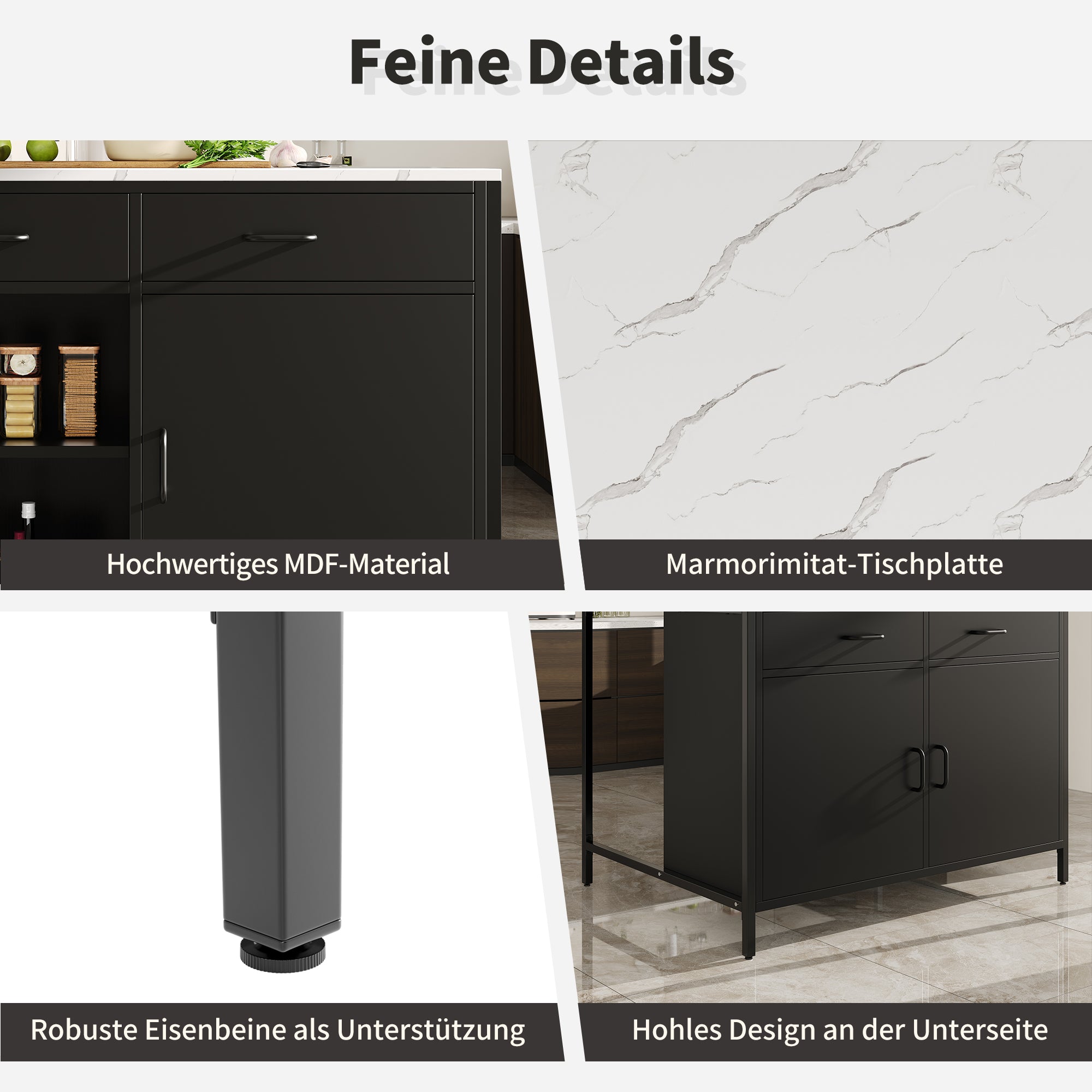 Black Bar Table with Marble Texture Tabletop and Adjustable Feet, MDF