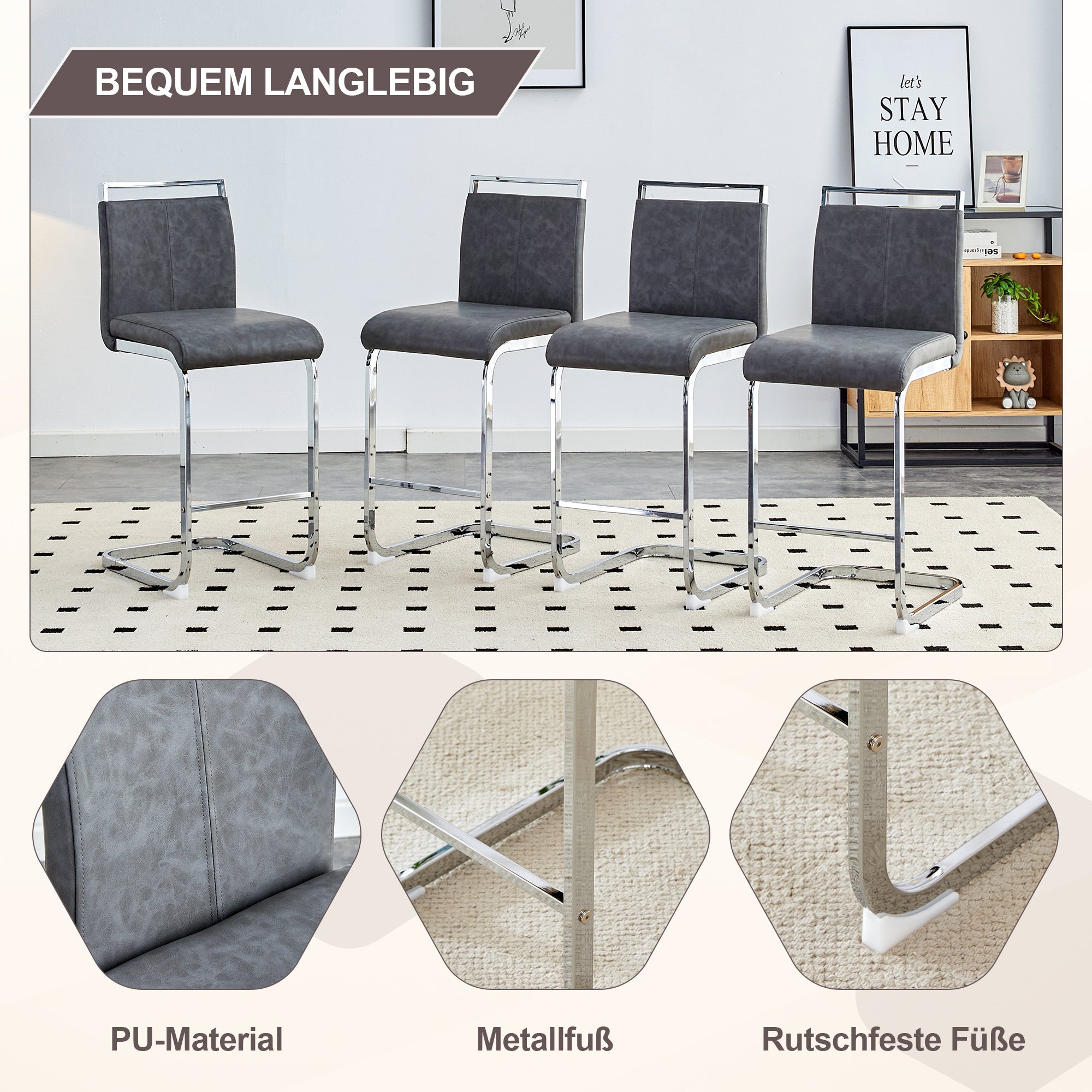 Bar Stools, High-Quality Nordic Style Set of 2, Grey PU