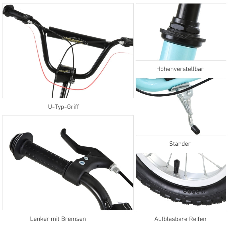 Children's scooter, height adjustable with 12 inch pneumatic tires, light blue