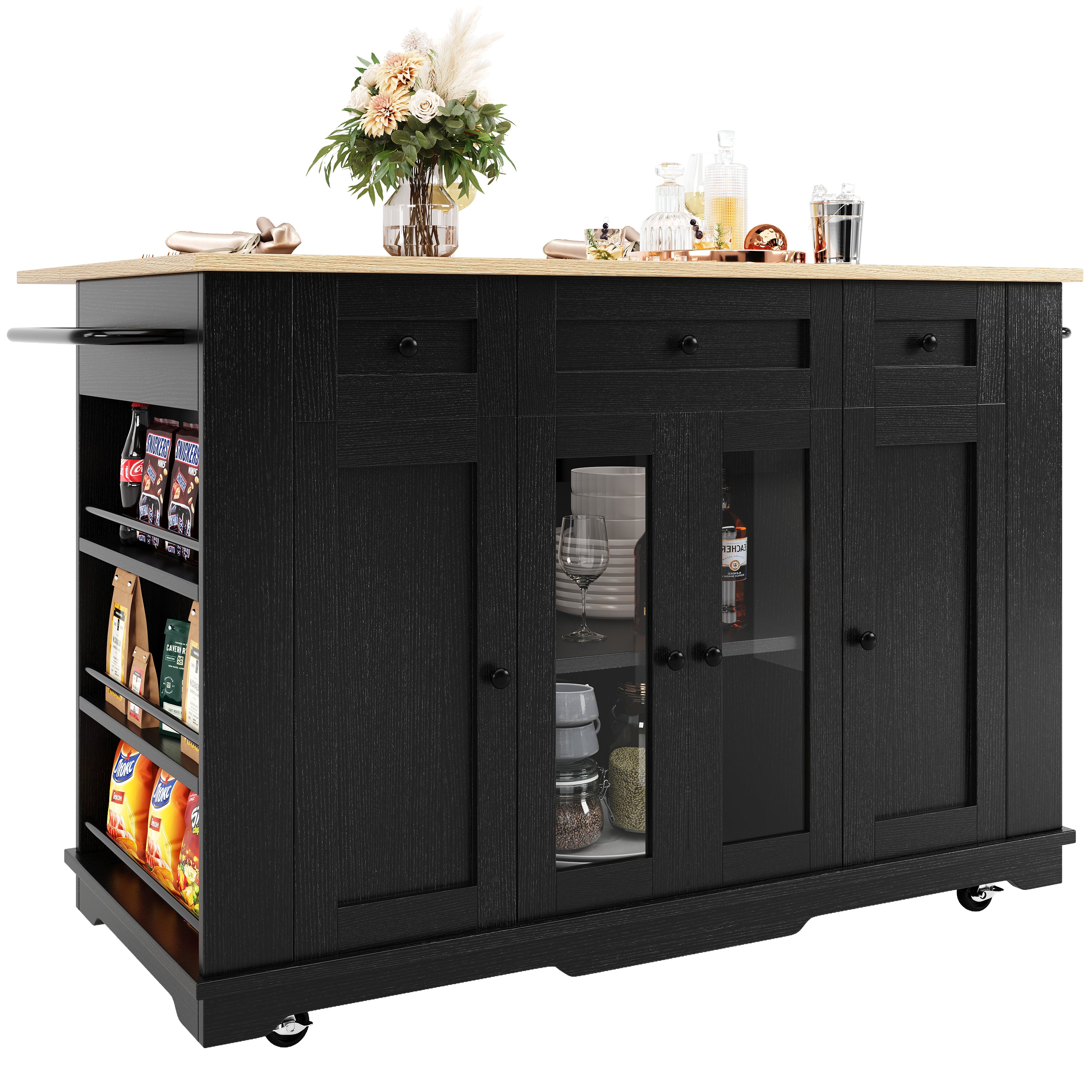 Kitchen Island, Removable Dividers, Dining Cart with Tempered Glass, Black