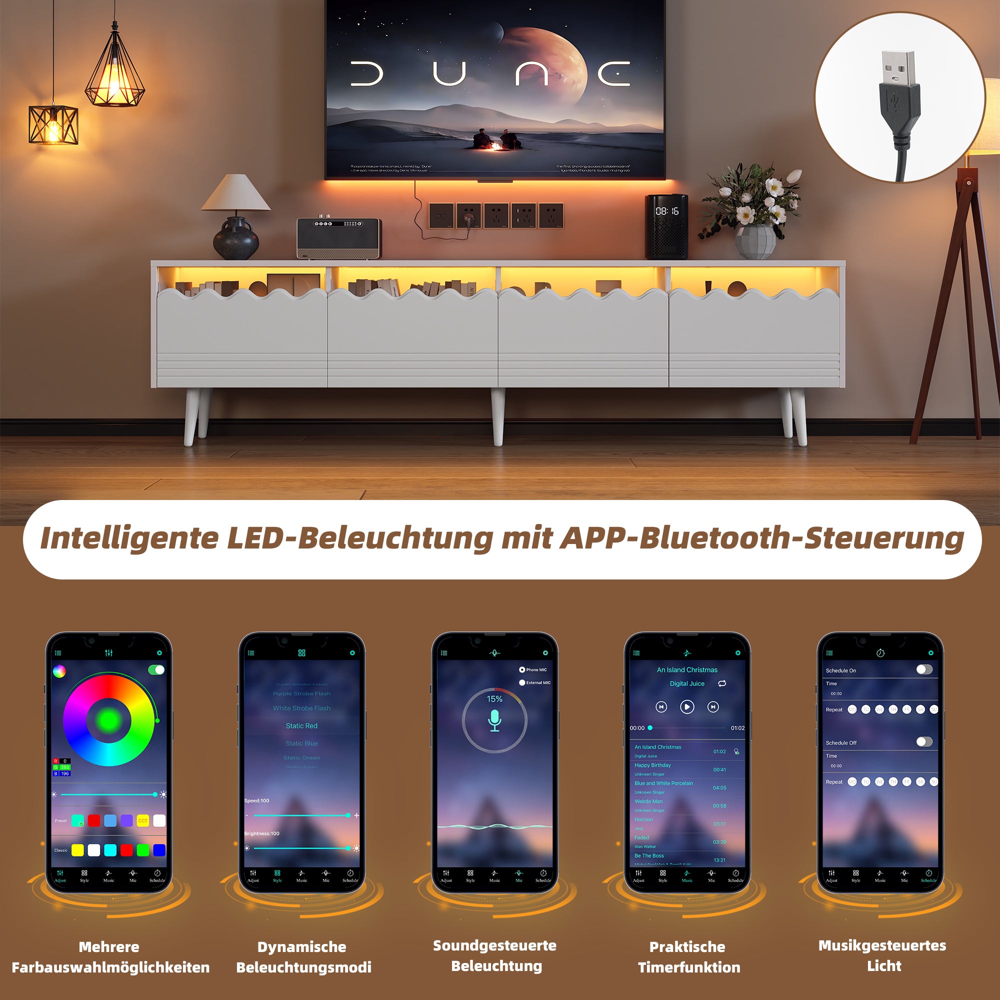 TV Stand, 176x38x45cm Lowboard with 2 Drawers & 2 Cabinets for up to 75 inch TVs, White