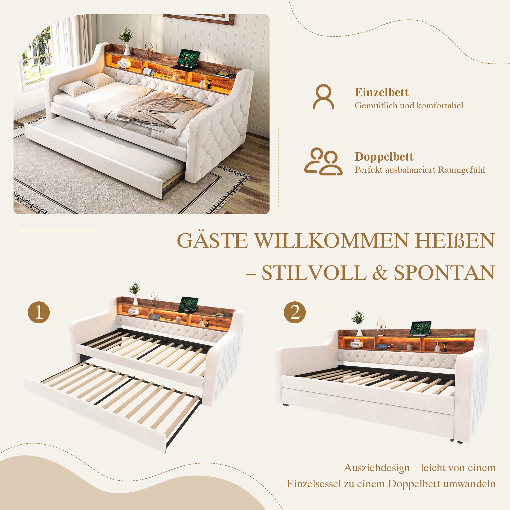 Sofa Bed Space-Saving 90x190cm Storage LED USB-C Port, Velvet Beige