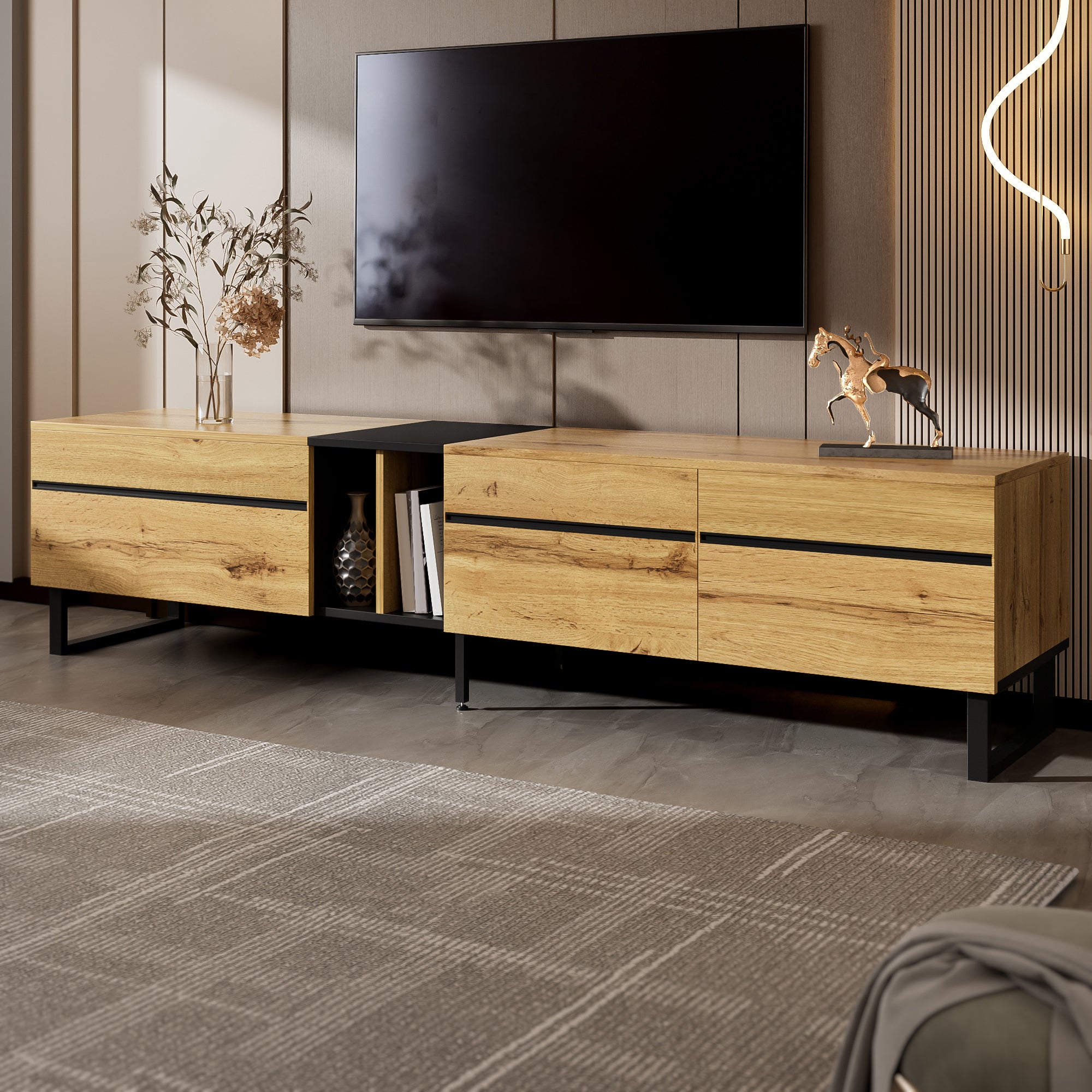 TV Lowboard 180cm, Drop-down Compartment, Open Shelves, Double Doors, Wood Color