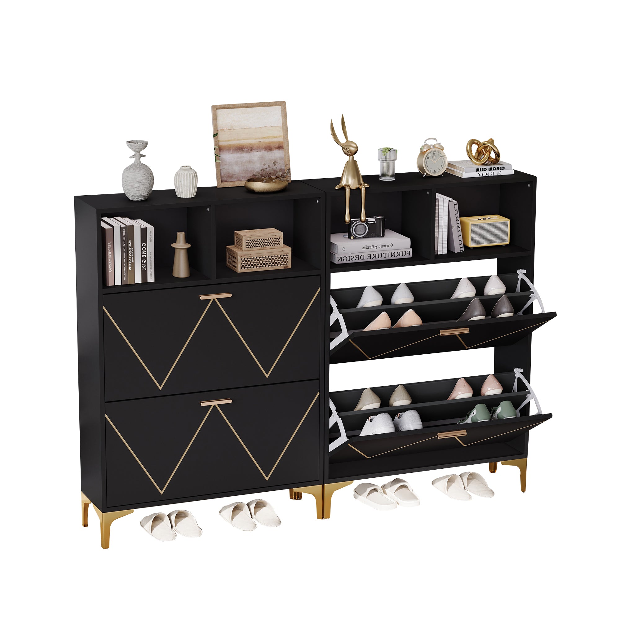Shoe Cabinet with 4 Drop-Down Doors, 8 Compartments, 4 Semi-Open Shelves, Raised Legs, MDF + Metal