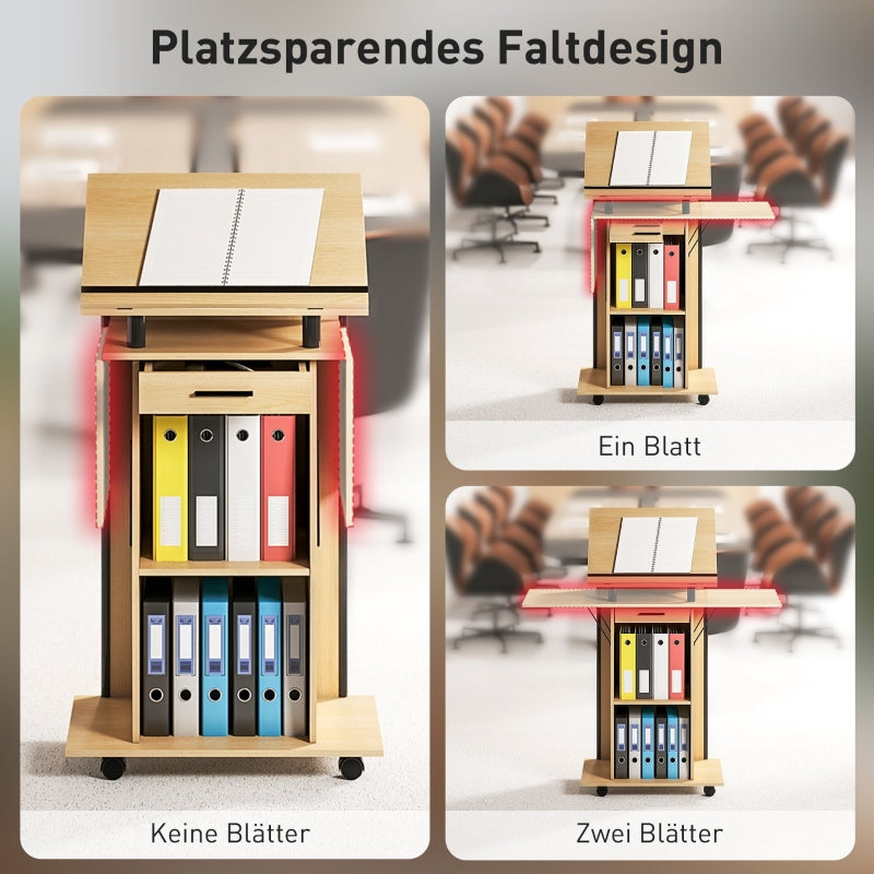 Rolling Podium Stand, Folding Side Wings & Shelves, Oak