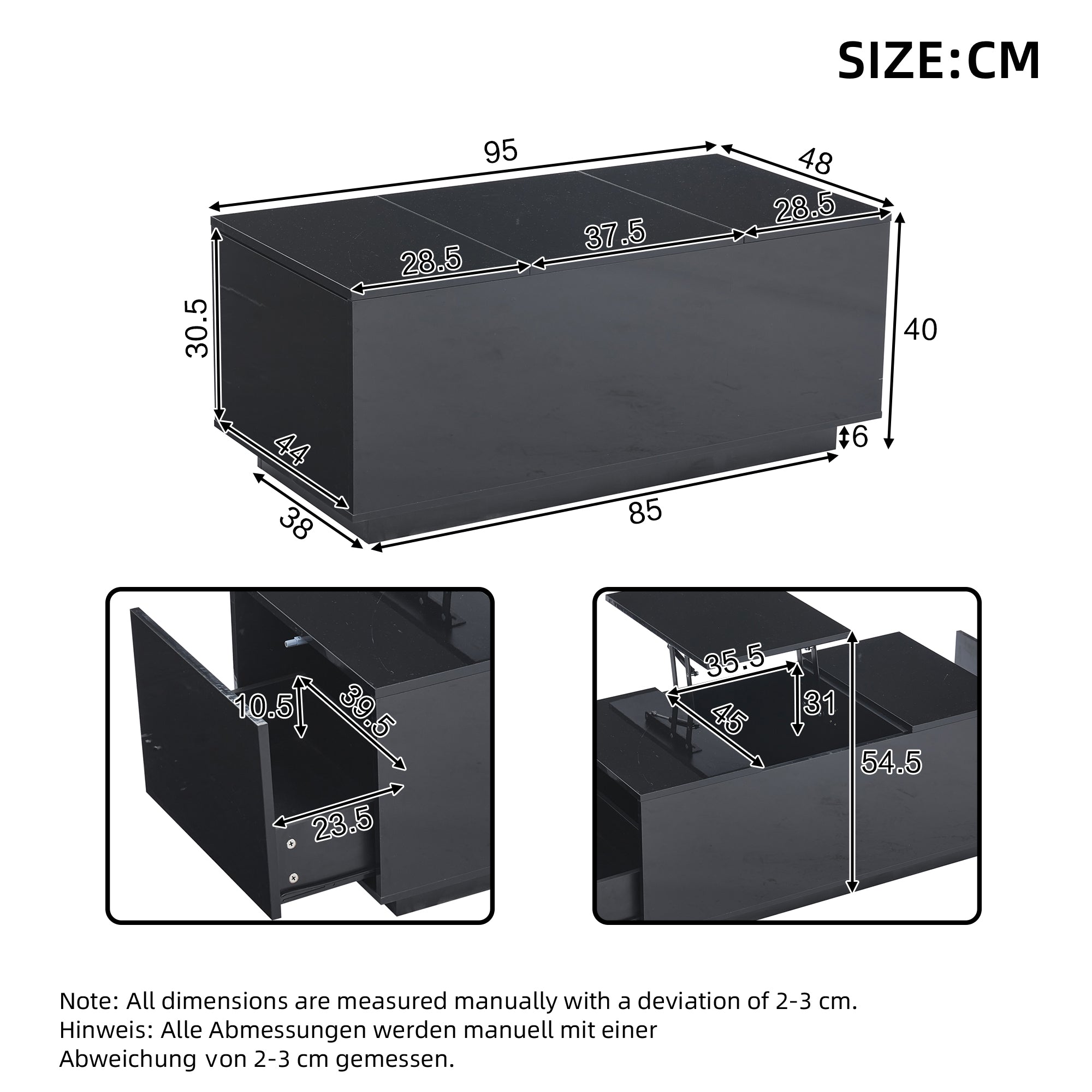 Coffee Table 95x48x40cm with Lift-Top, 2 Drawers, LED, Black