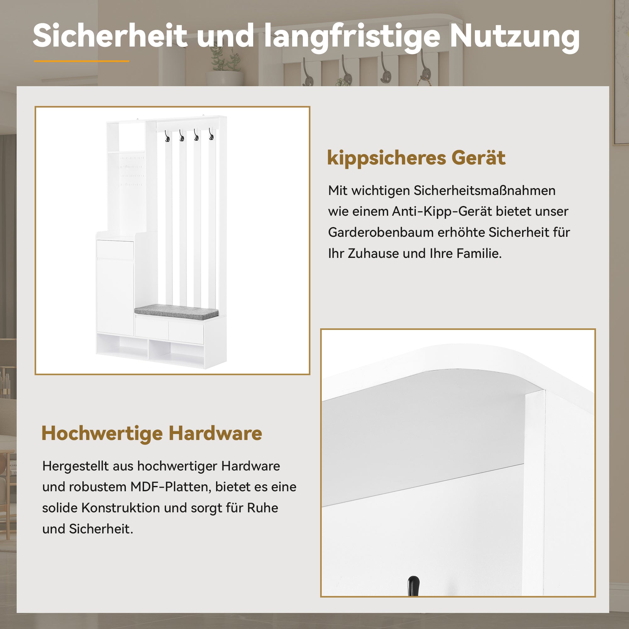 Hallway coat rack with padded storage bench and pegboard, with 4 hooks, white