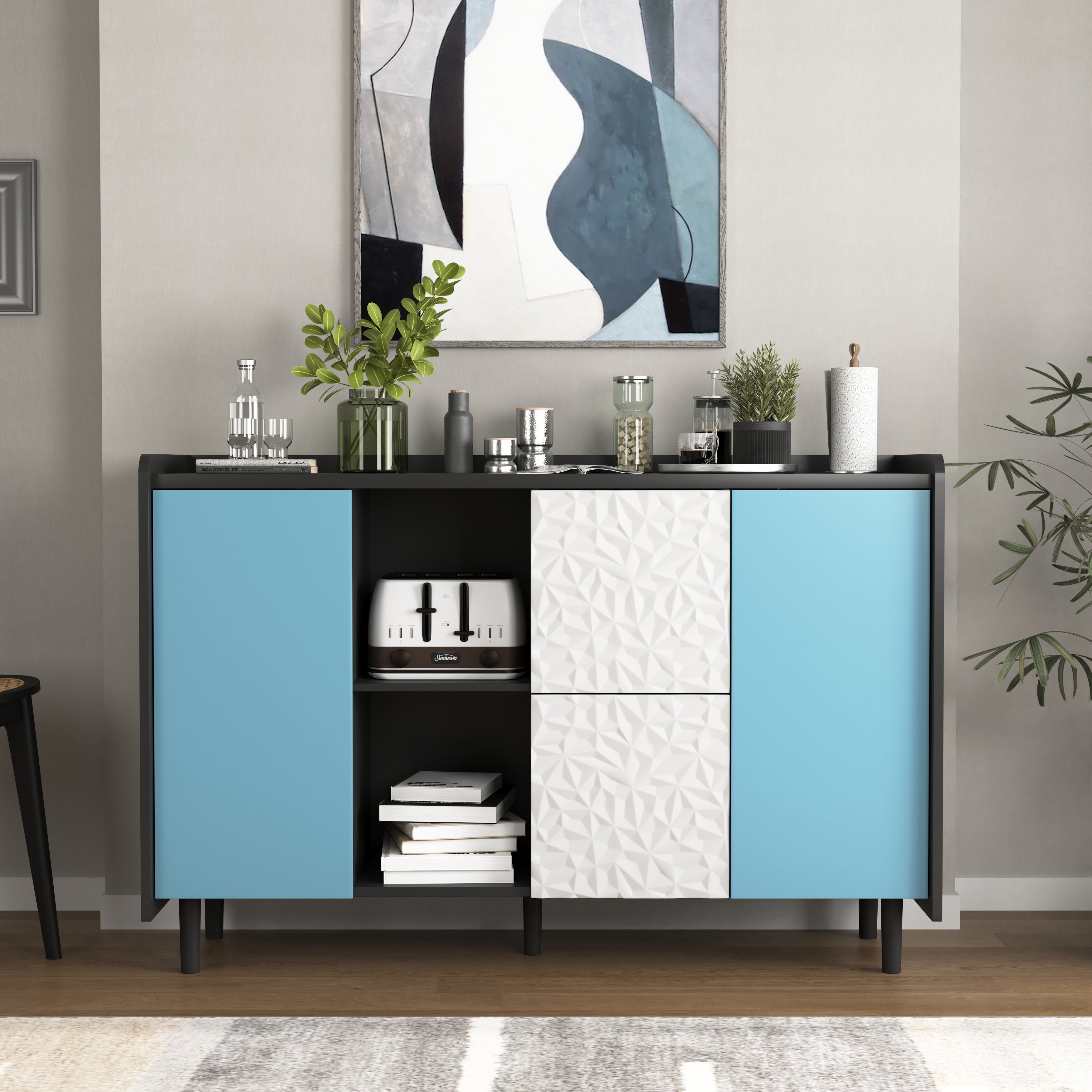 Sideboard Buffet Cabinet with Unique Panel Blue Doors, 2 Drawers Open Storage, Black