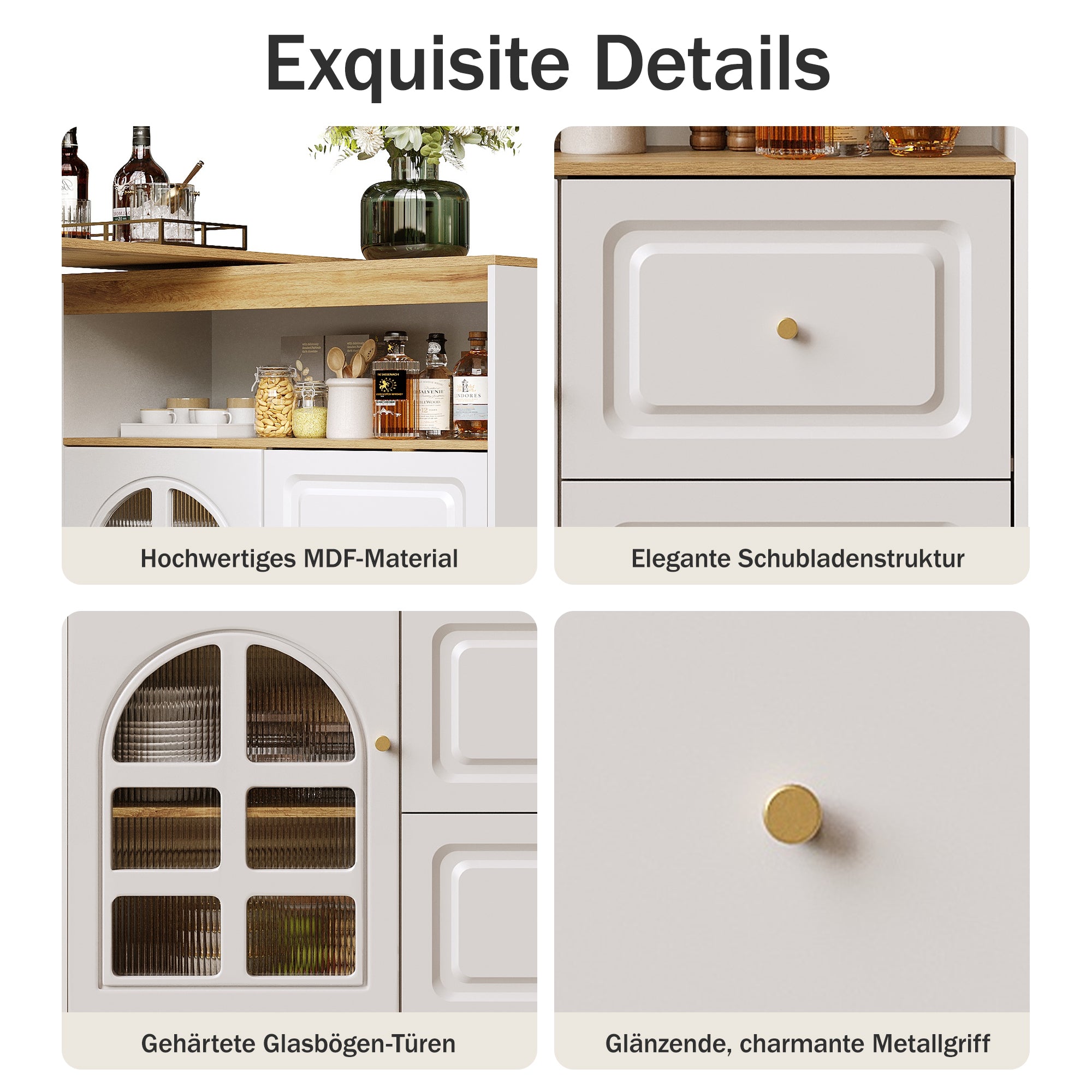 Rotating Dining Bar Sideboard 360° Swivel with 2 Drawers Snack Shelf Curved Glass White