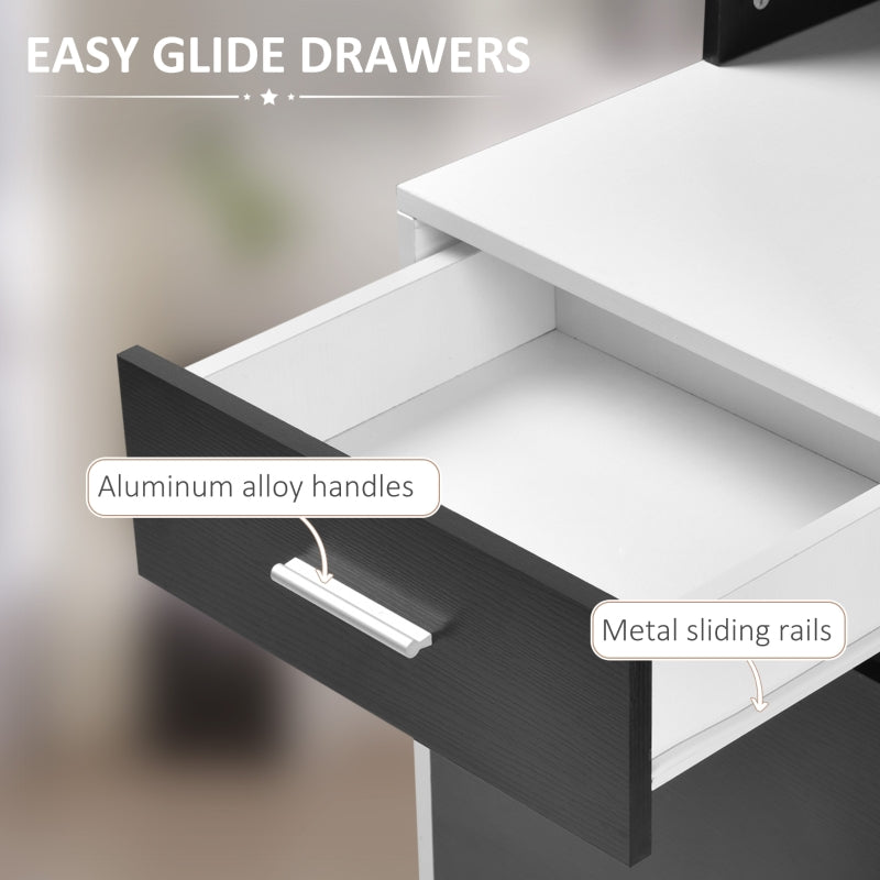 Computer Desk with Drawers, Storage Shelves, and Printer Stand, Black and White