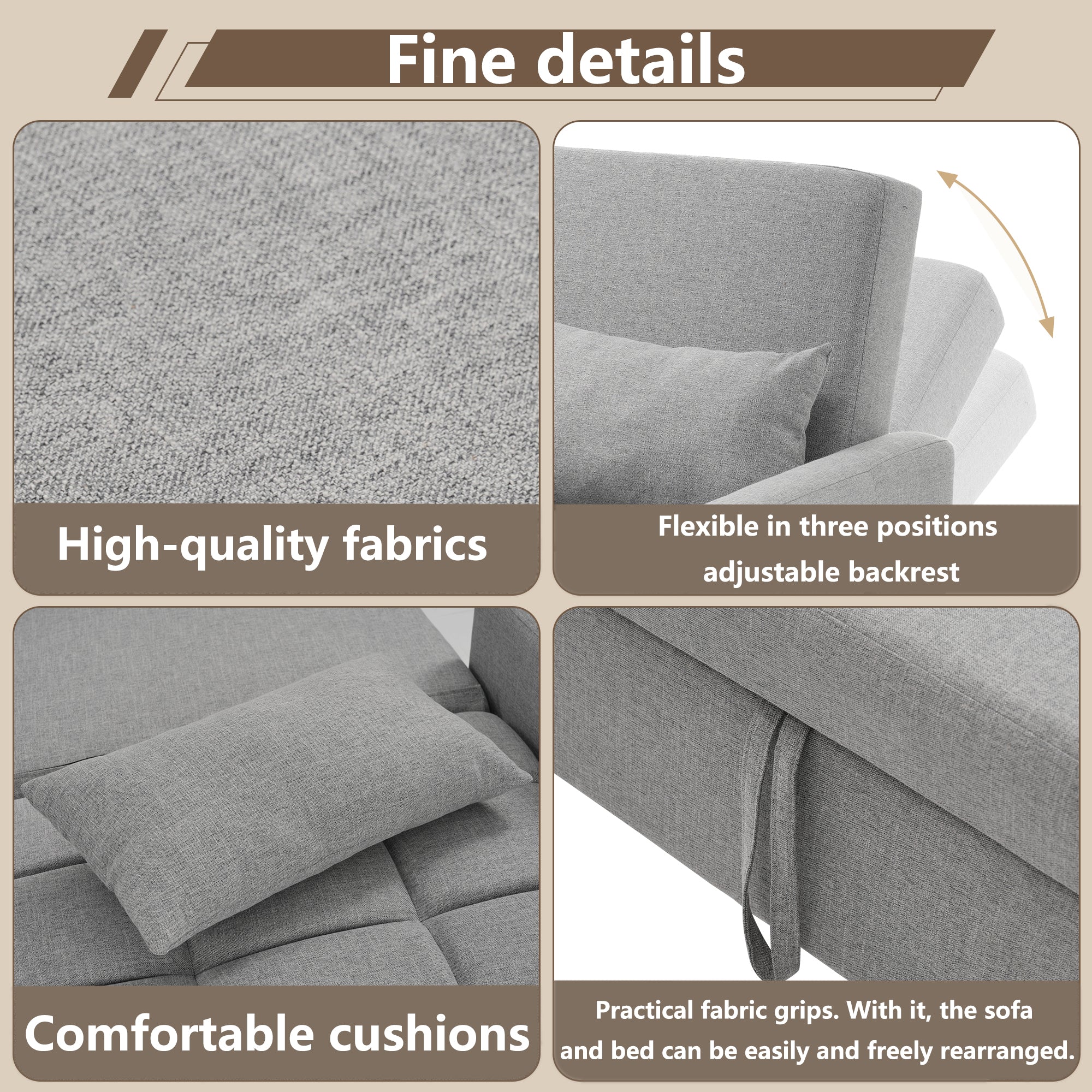 Multifunctional Folding Sofa Bed, Adjustable Backrest 180 x 127 cm Daybed, Dark Grey Linen