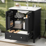 Bathroom Vanity Unit with Ceramic Sink and Solid Wood Legs, White and Black