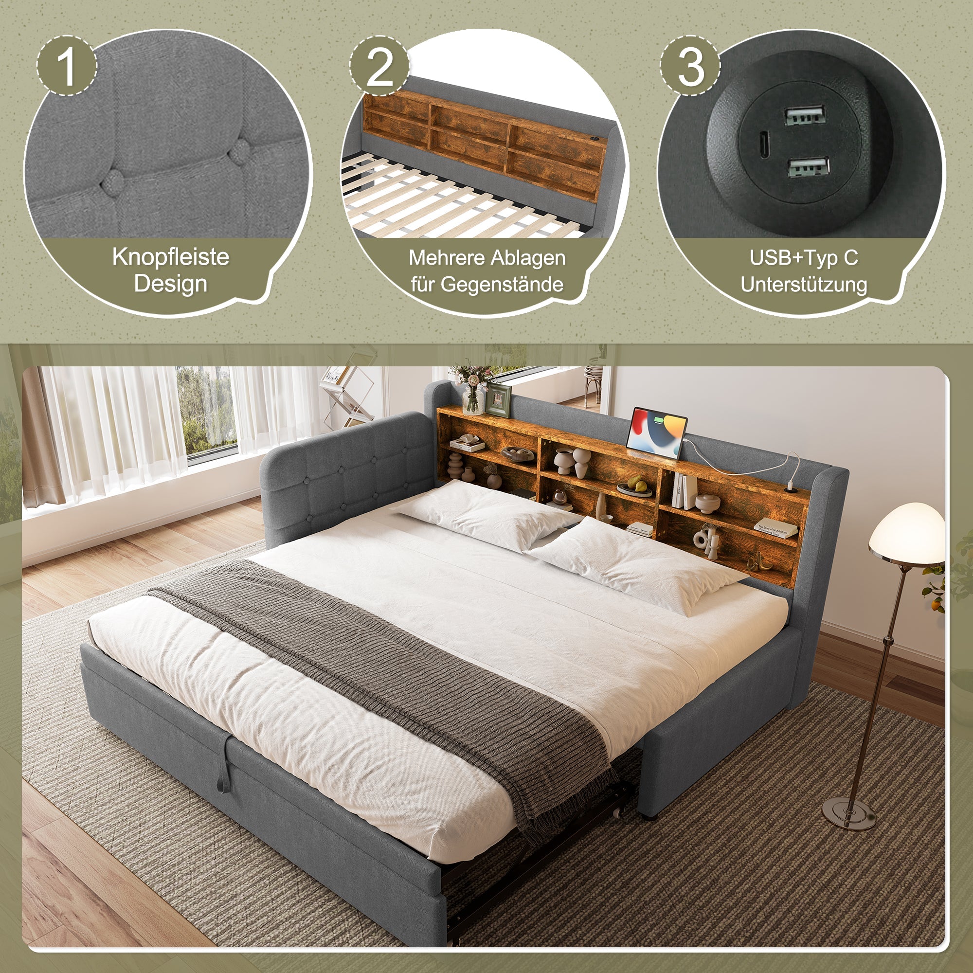 Daybed, multifunctional pull-out bed design, USB + Type C, multiple storage areas, linen, gray