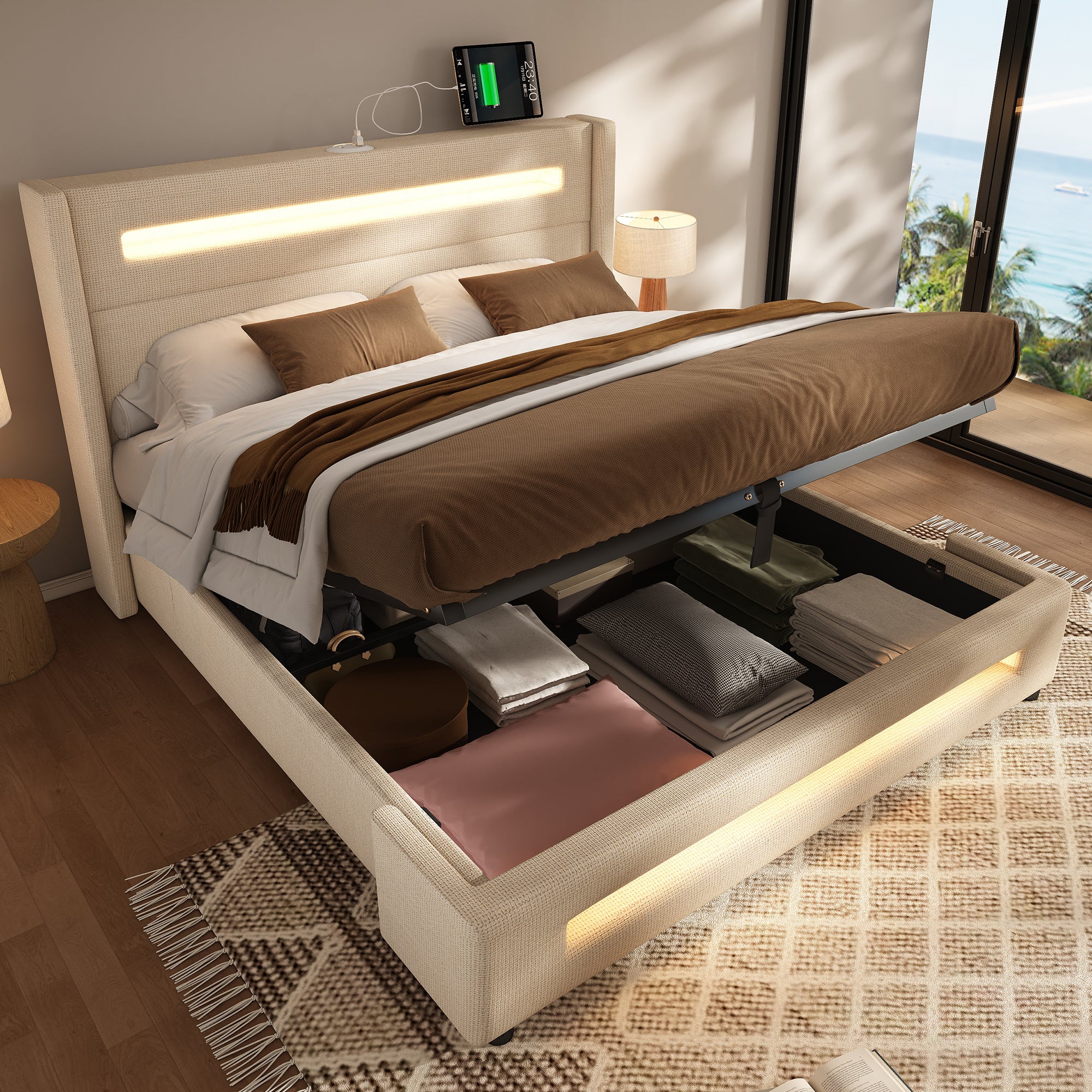 Upholstered Double Bed, 160x200cm LED Hydraulic Storage with USB-C, Beige Linen