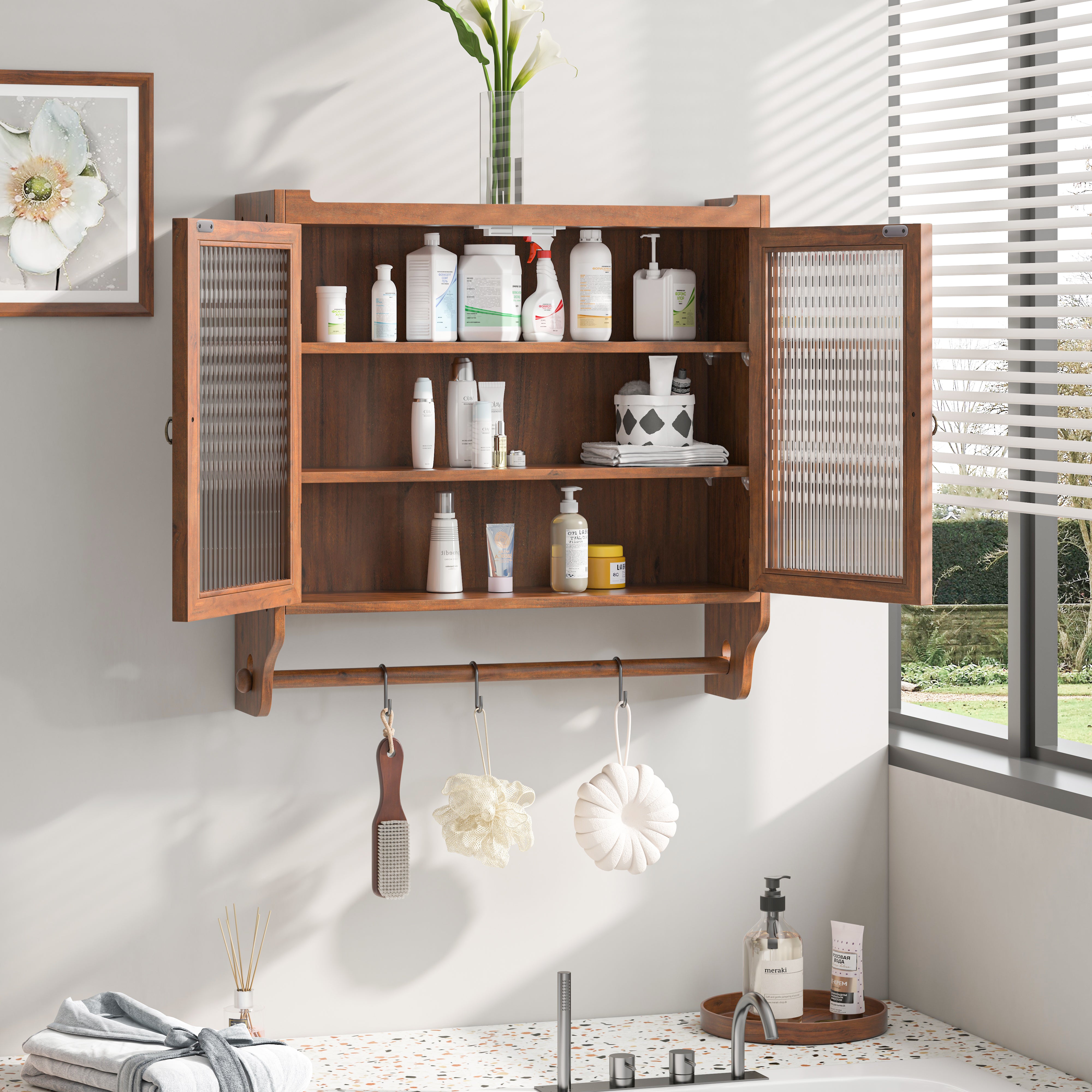 Wall Cabinet 63CM, Double Door Vintage Glass with 3 Tiers, Towel Rack, Brown