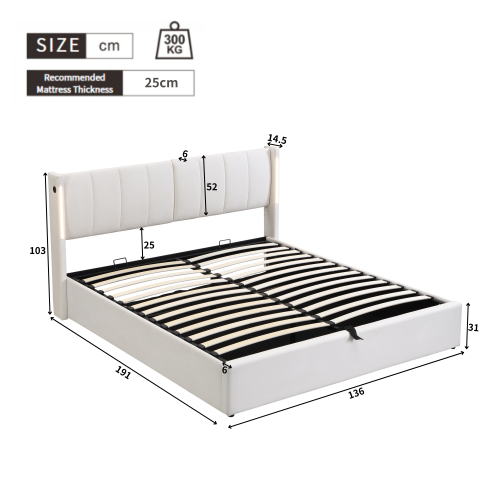 LED Upholstered Bed, Double (4ft6/135x190cm) with Hydraulic Storage, Rechargeable USB Port, Adjustable Headboard, White PU Leather