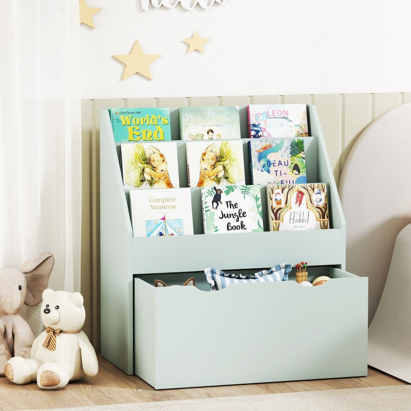 Bookcase for Kids, 3 Shelves with Drawer, Green MDF