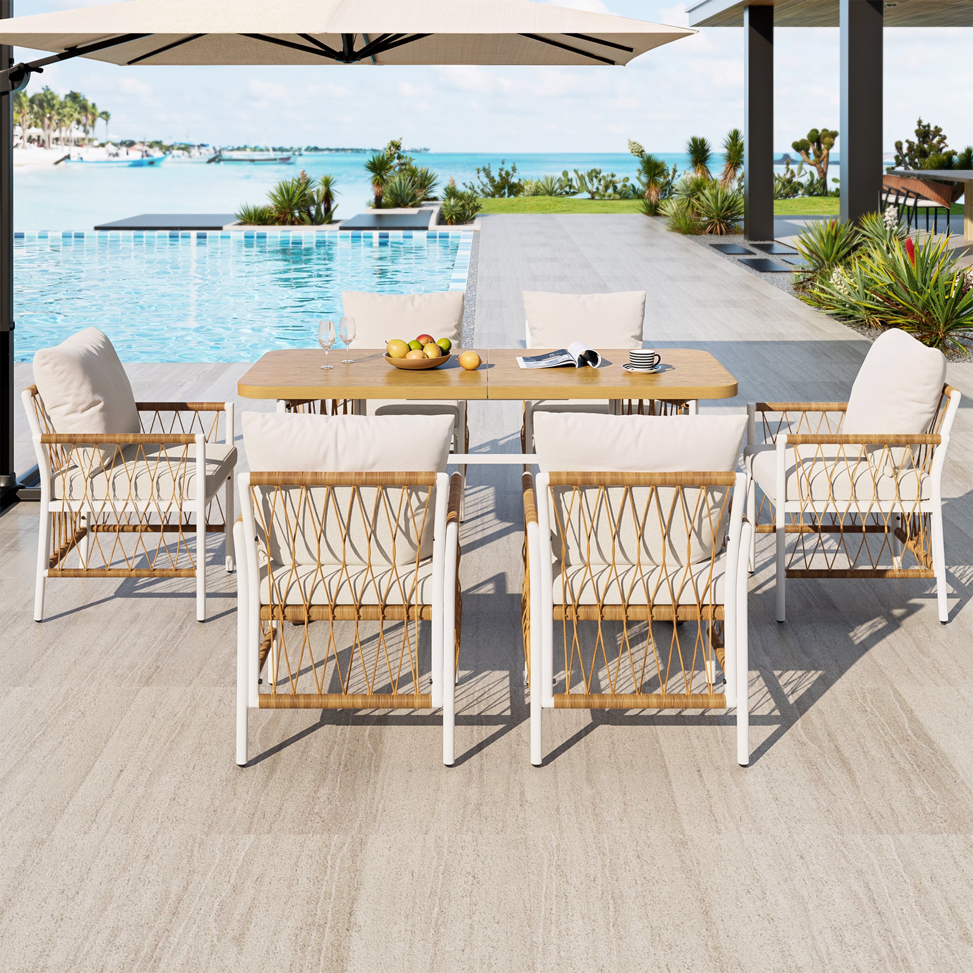 Modern Outdoor Leisure and Meeting Set with Woven Armrests and Cushions, Iron Frame