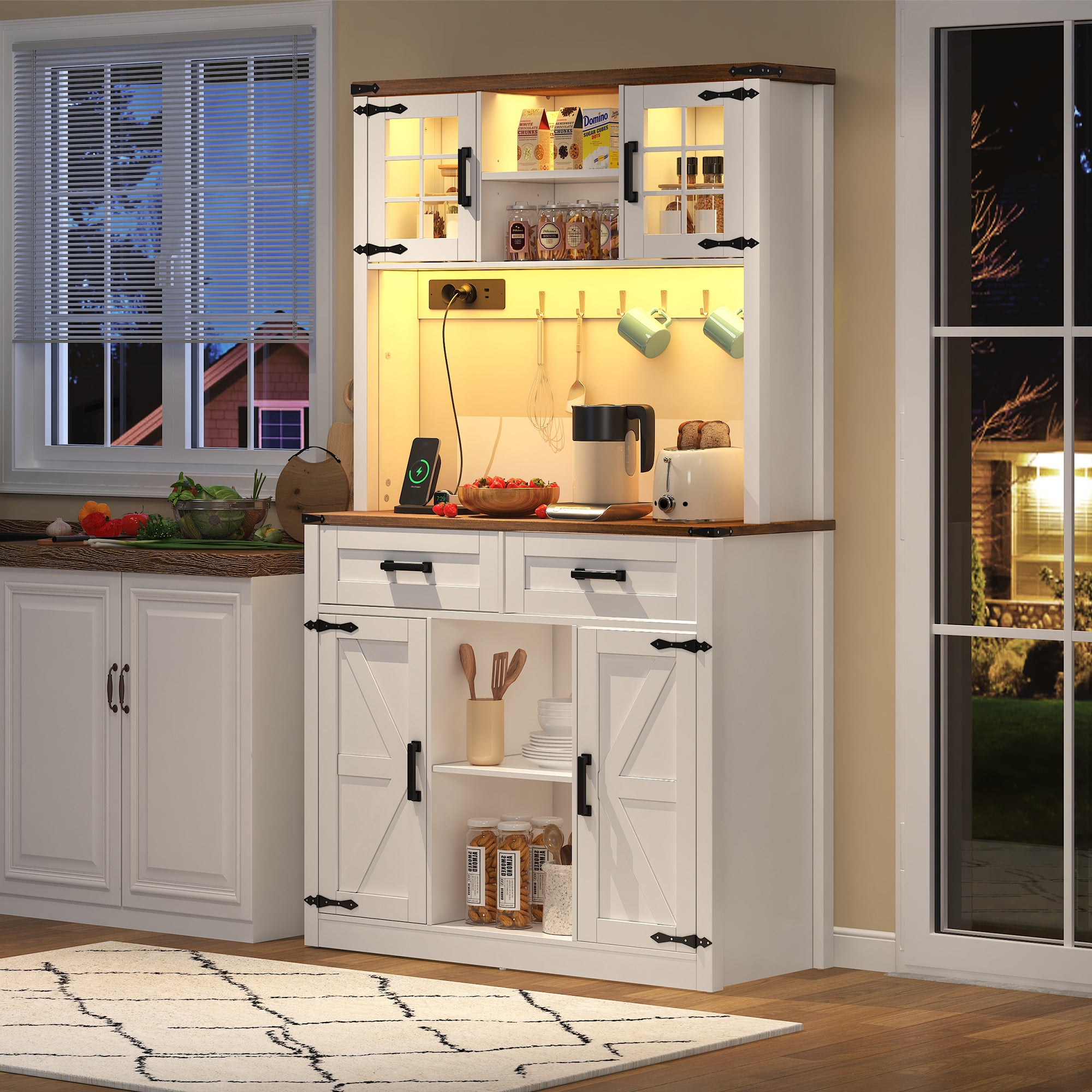 Bar Cabinet Buffet LED Sockets Barn Door 2 Drawers - White