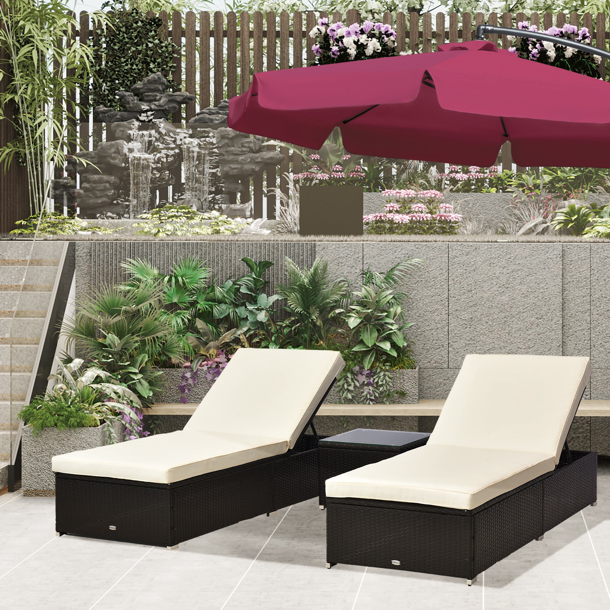2-Seater Rattan Lounger Set, Deep Coffee/Cream White