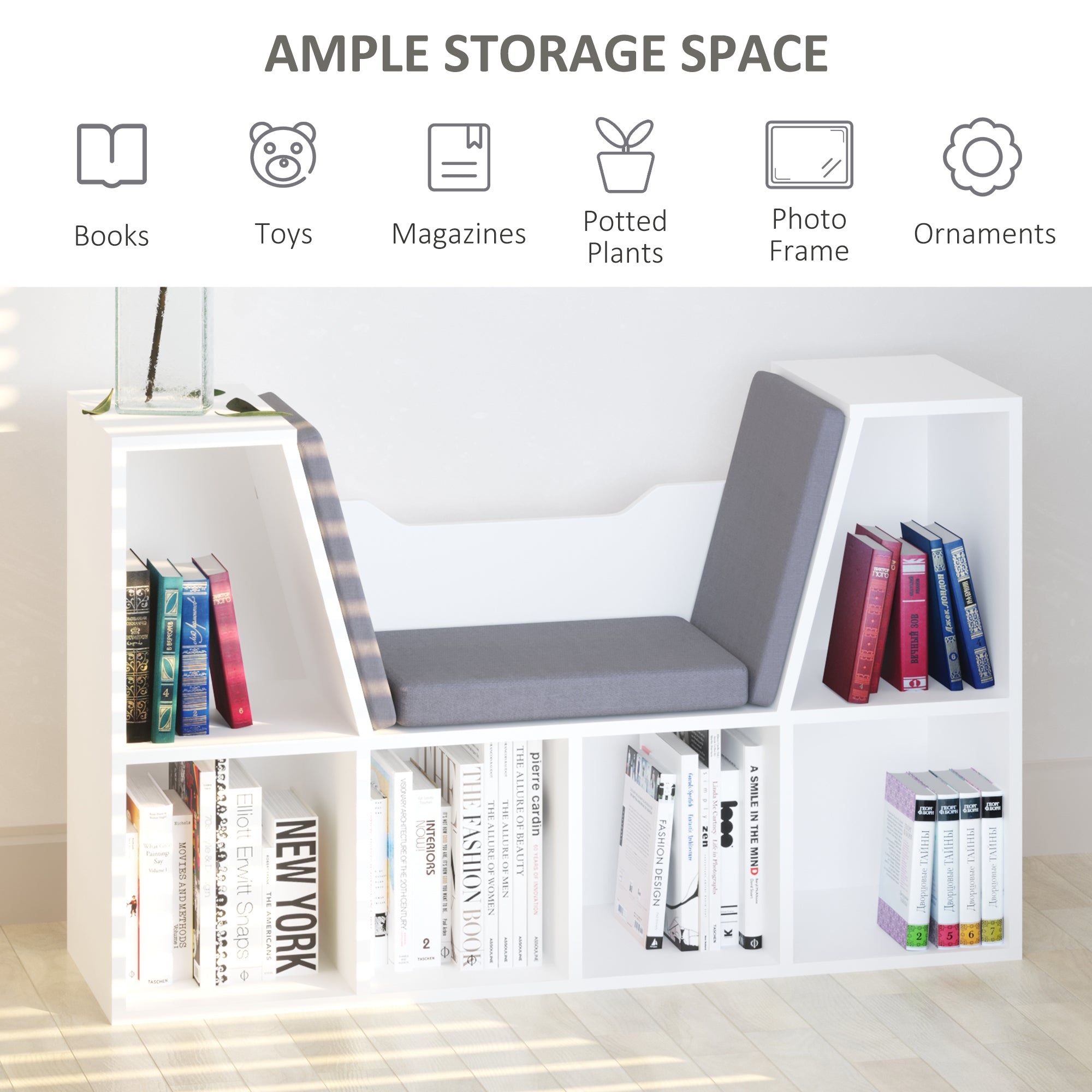 Bookcase Storage Shelf with Cushioned Reading Seat Cube Organizer White