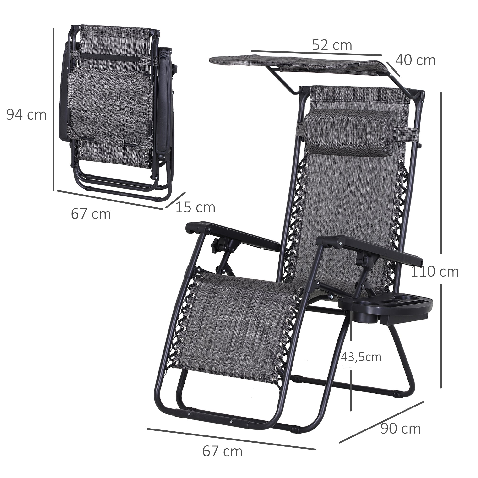 Foldable Reclining Zero Gravity Sun Lounger with Headrest, Footrest, Cup Holder & Canopy Shade, Grey