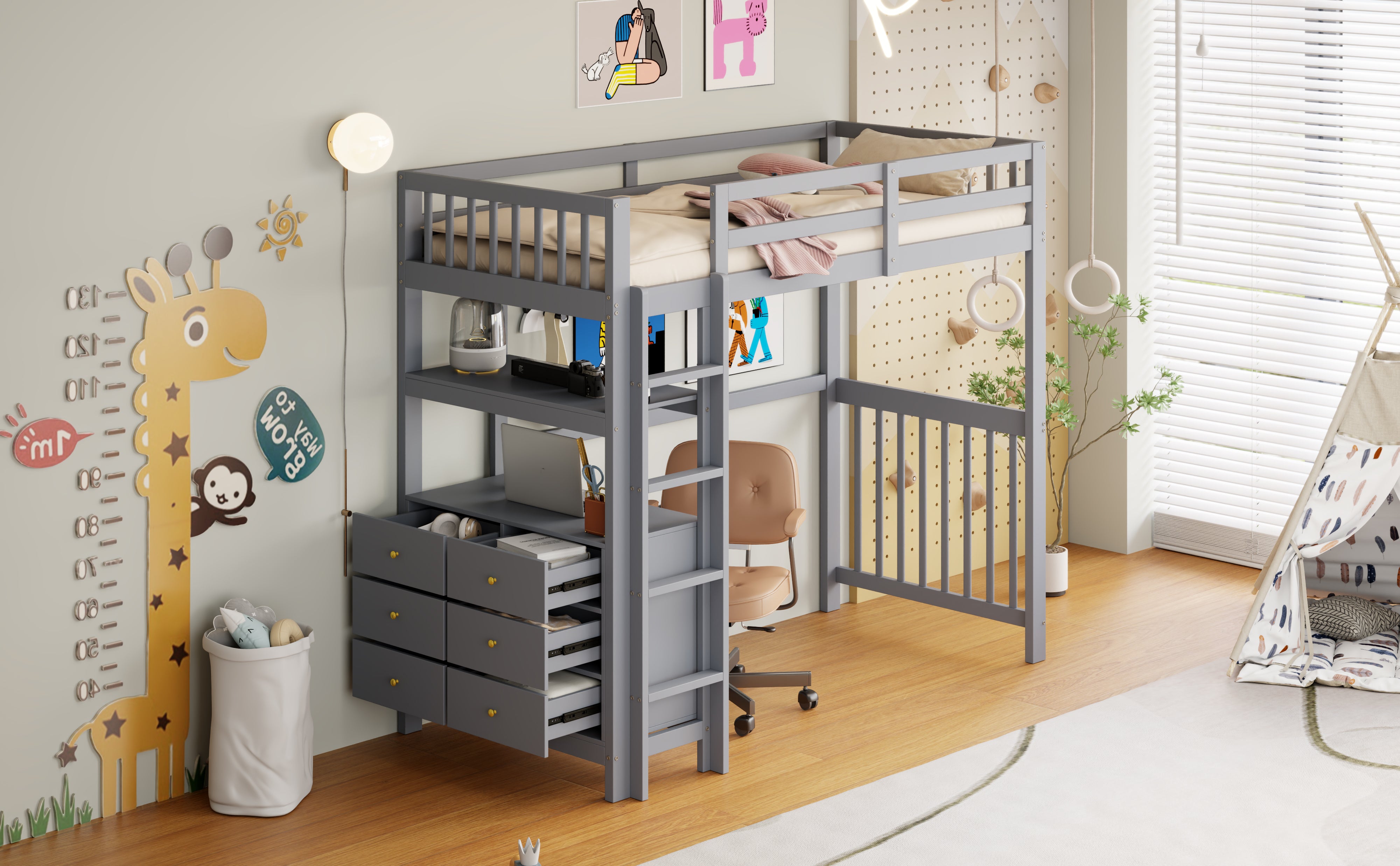 Loft Bed, 90x200cm with Ladder, Drawers, Shelves, Slatted Frame, Pinewood, Grey