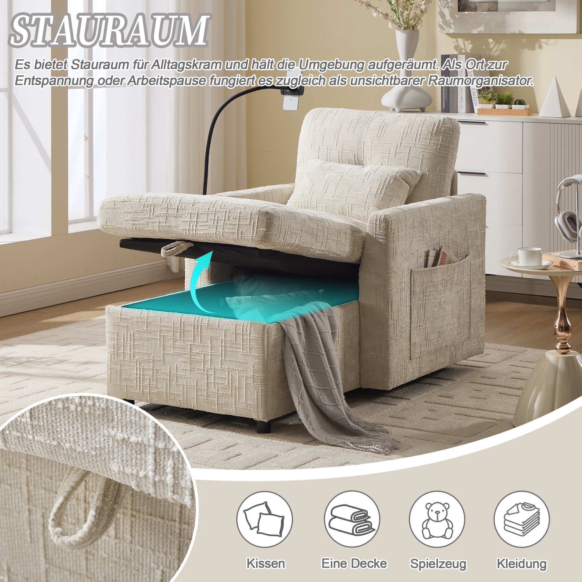 Lazy Sofa, Multifunctional Stowable Backrest with Phone Holder, Chenille