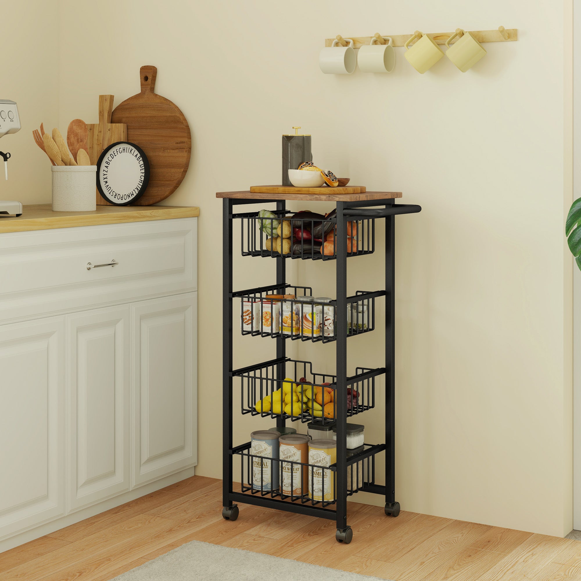 Kitchen Trolley Serving Cart with Worktop, 4 Extendable Baskets, Oak